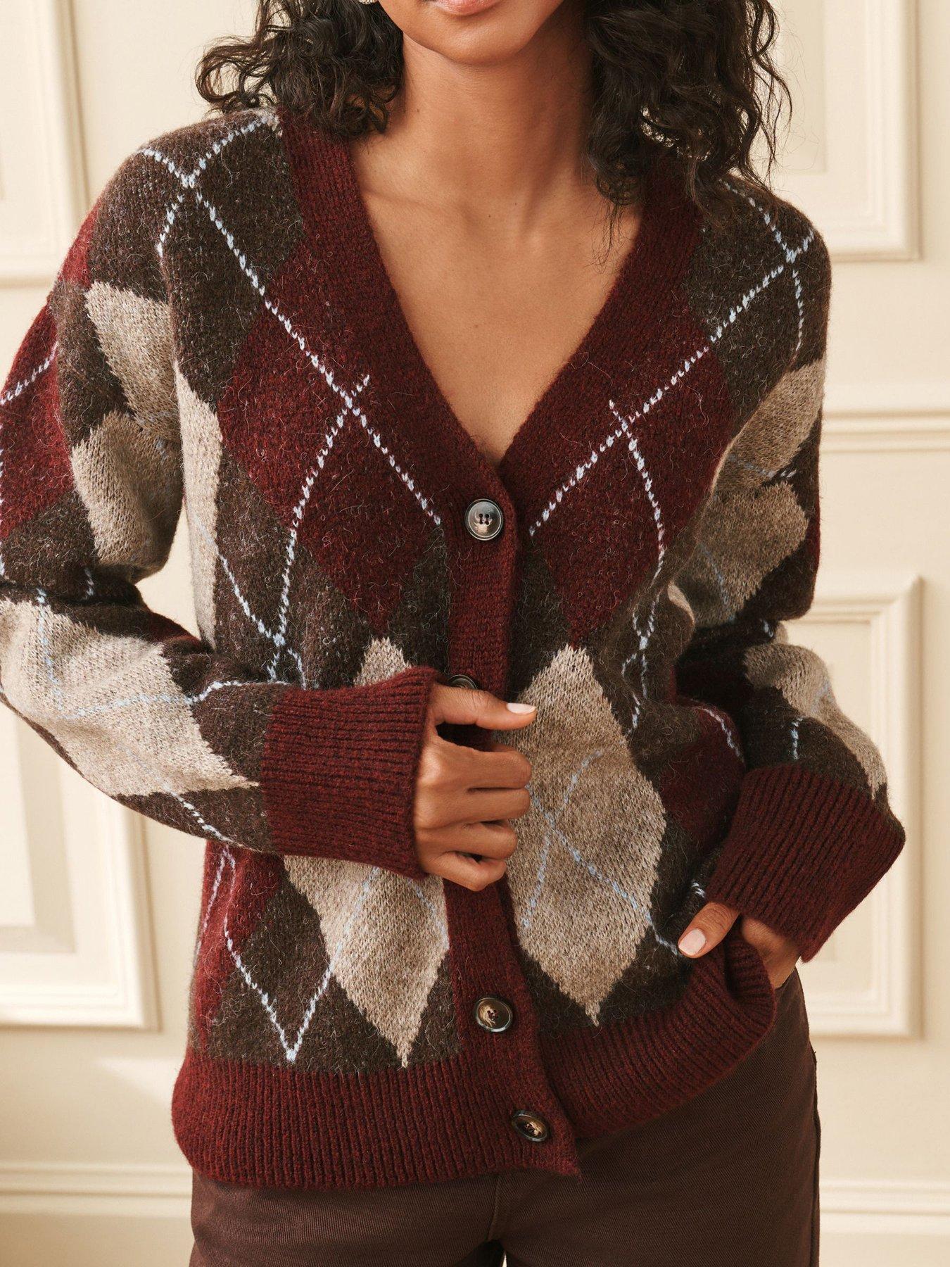 Image 1 of 6 of Laura Ashley Brown/purple Argyle V-neck Boyfriend Cardigan