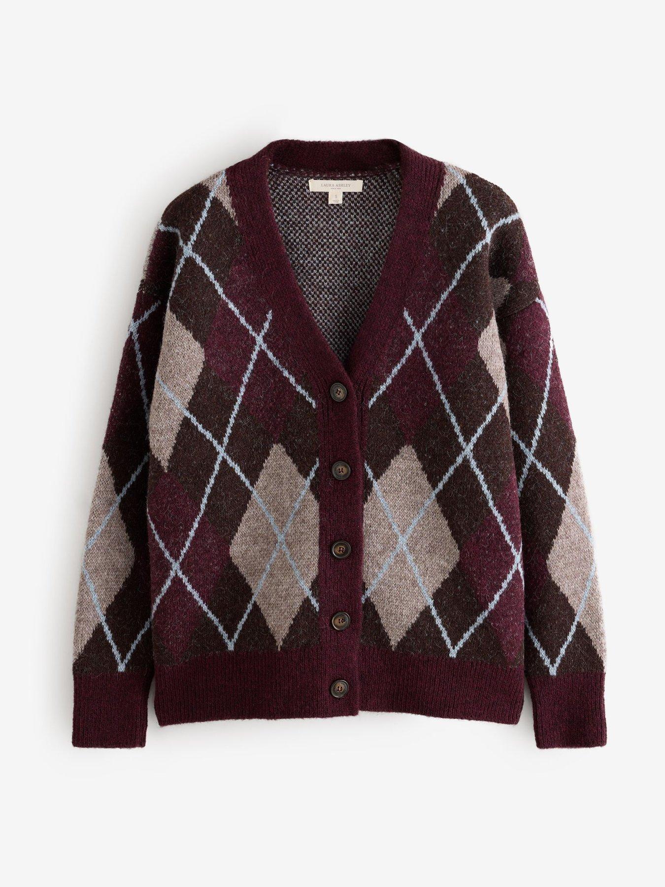 Image 4 of 6 of Laura Ashley Brown/purple Argyle V-neck Boyfriend Cardigan