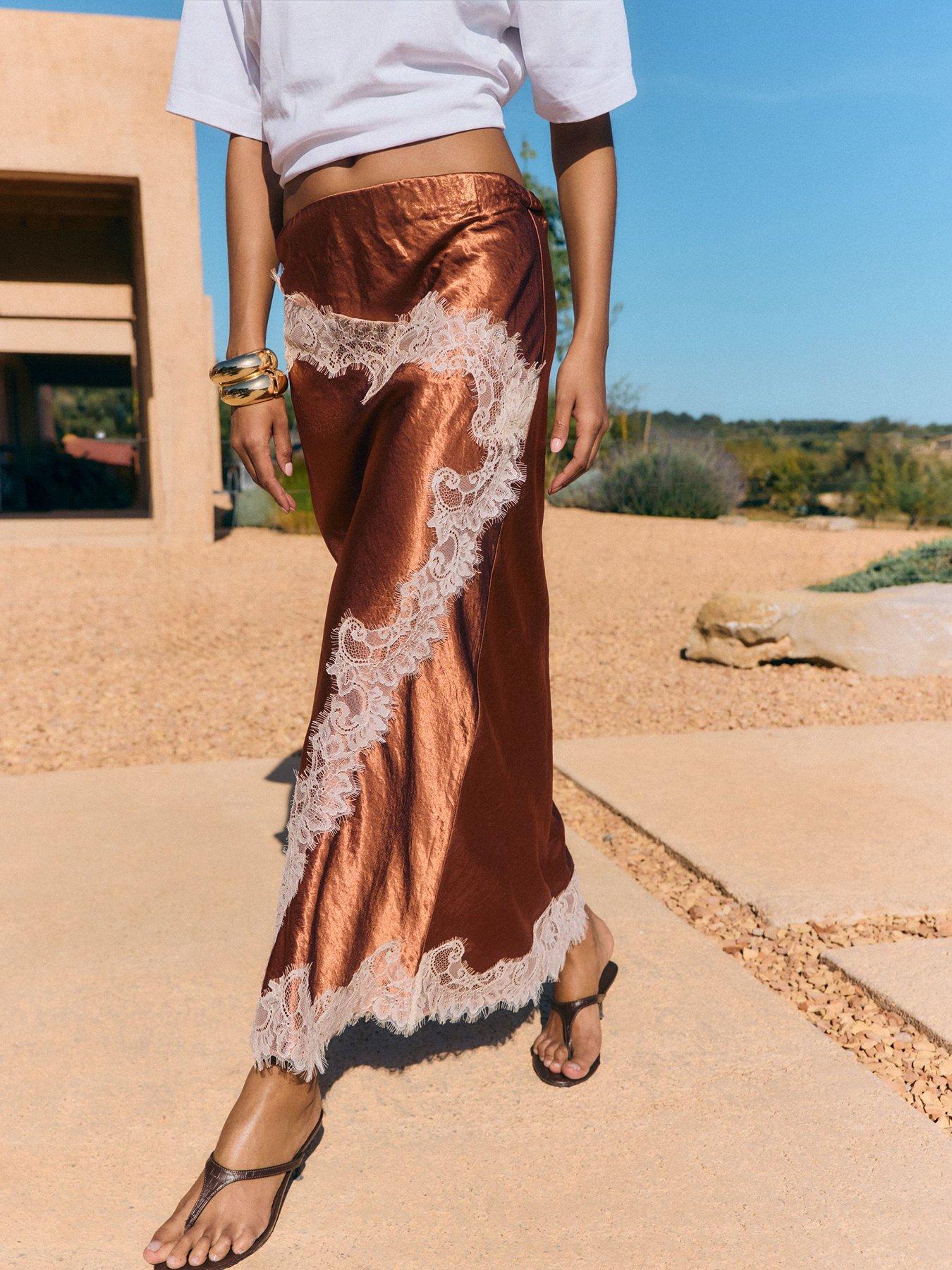 Image 1 of 4 of Friends Like These Asymmetric Lace Hem Satin&nbsp;Skirt - Red