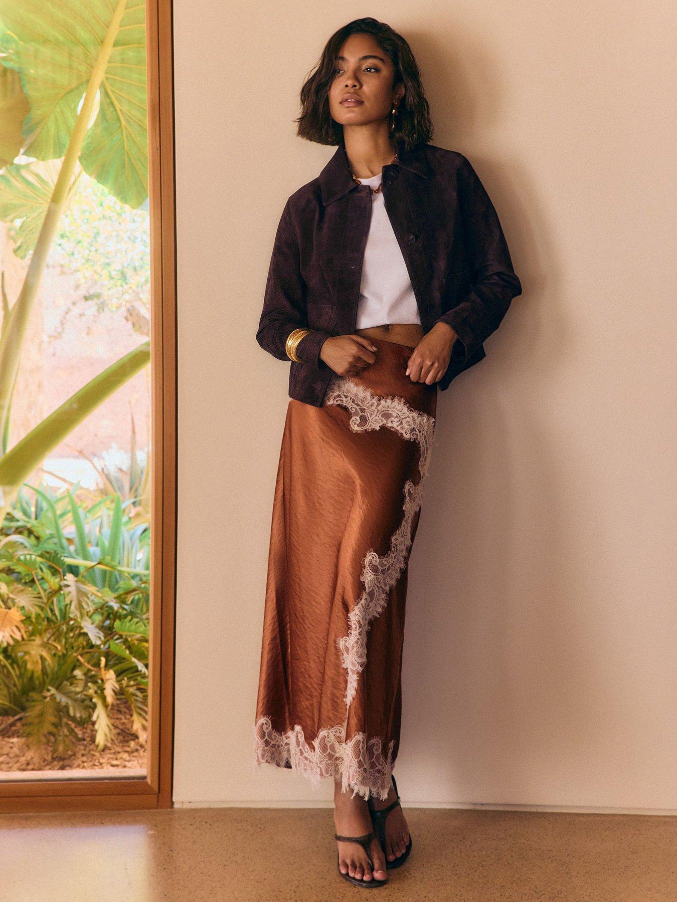 Image 4 of 4 of Friends Like These Asymmetric Lace Hem Satin&nbsp;Skirt - Red