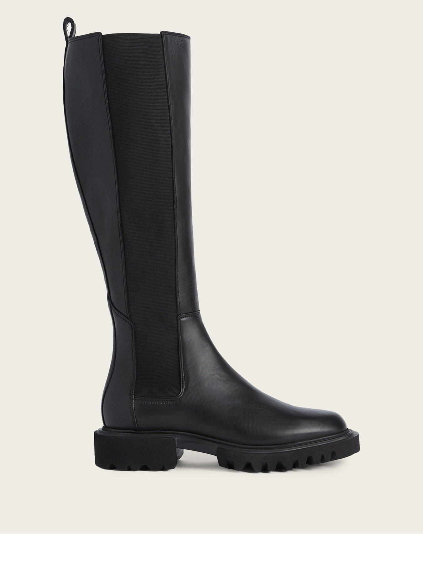 Image 1 of 6 of AllSaints Womens Maeve Elasticated Chunky Sole Knee High Boots - Black