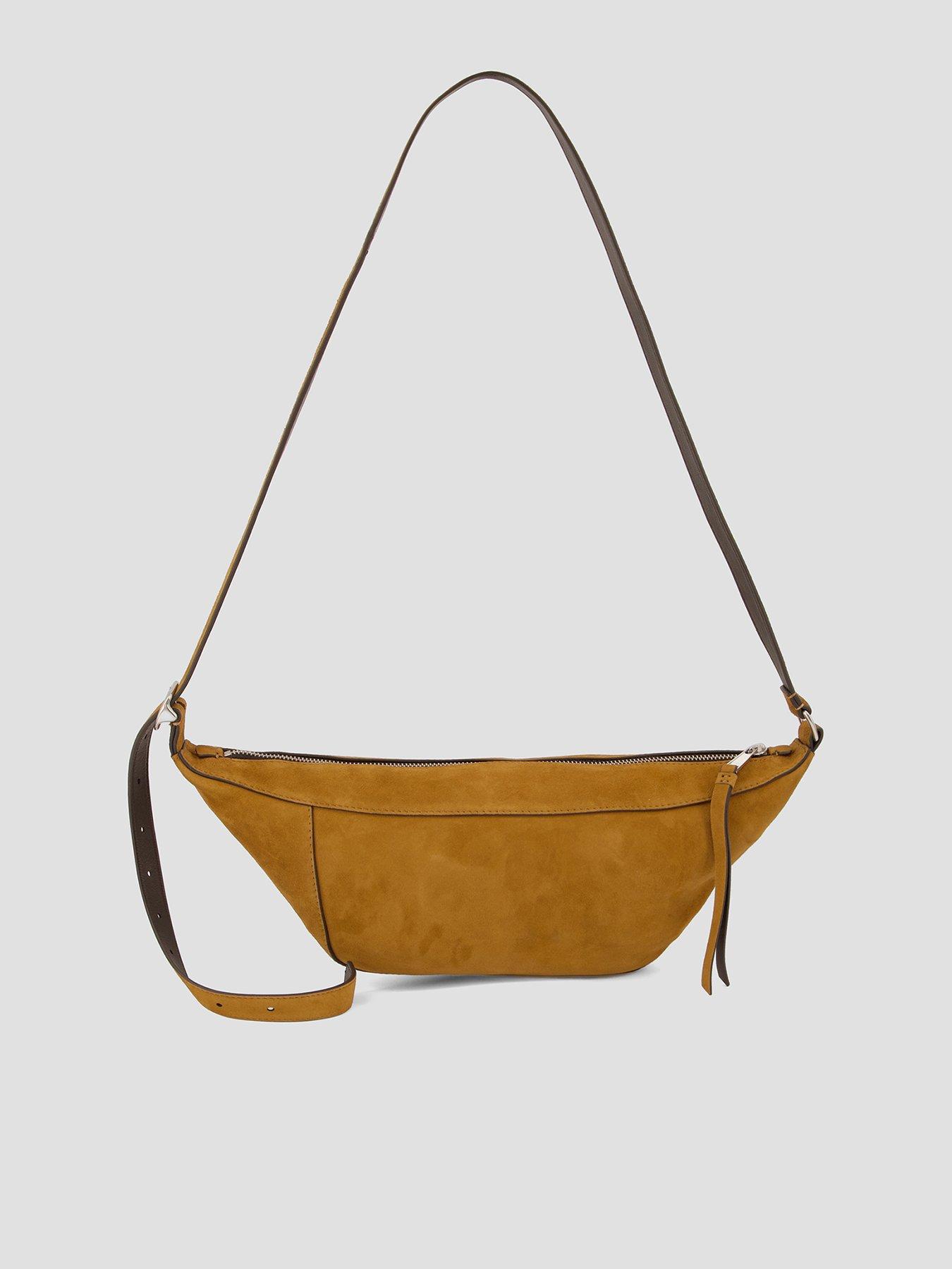 Image 1 of 5 of AllSaints Womens Panelled Suede Adjustable Strap Crossbody Bag - Brown