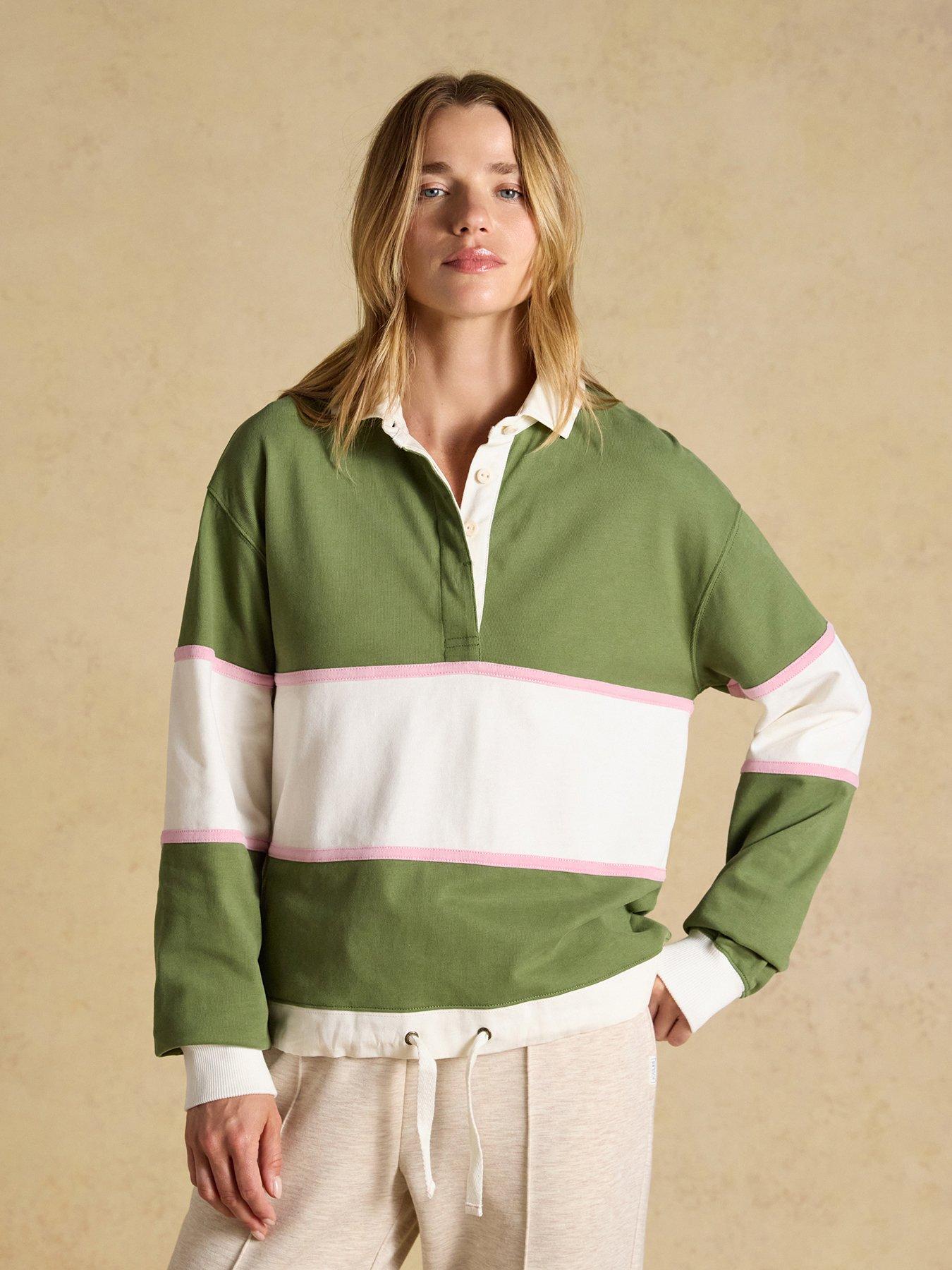 Image 1 of 7 of Joules Women's Striped Rugby Jersey Shirt with Contrast Collar - Green/Cream