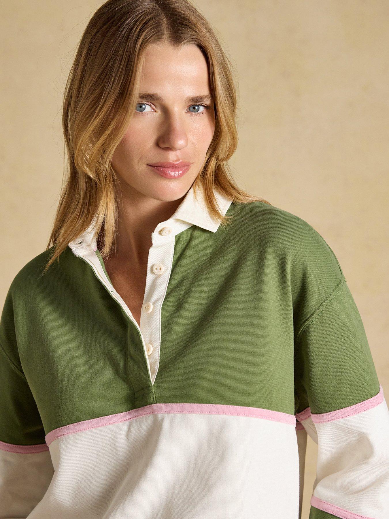 Image 4 of 7 of Joules Women's Striped Rugby Jersey Shirt with Contrast Collar - Green/Cream