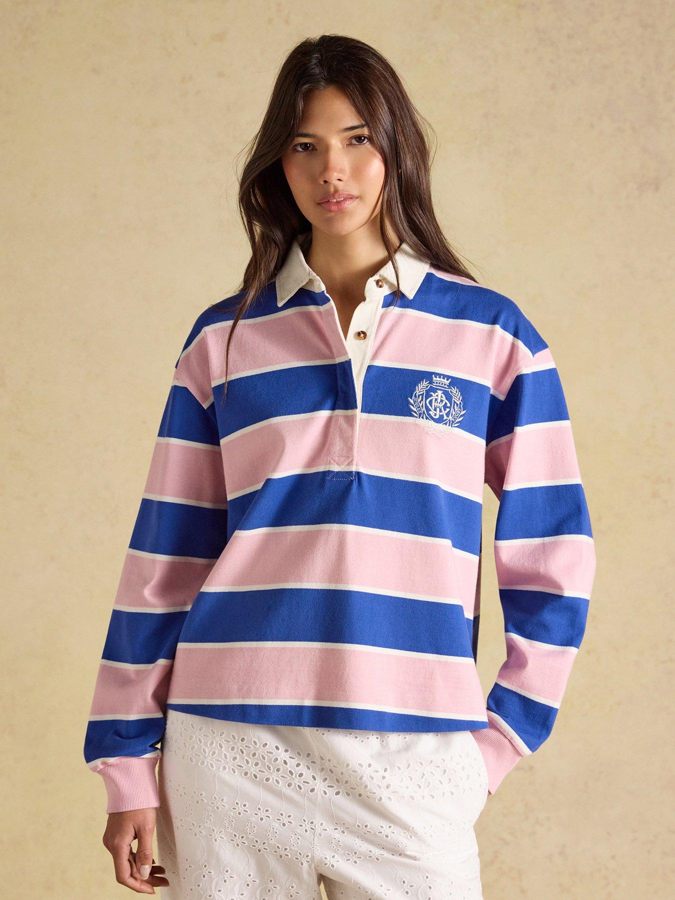 Joules Women's Striped Cotton Long Sleeve Rugby Shirt with Collared Neck - Pink  &  Blue