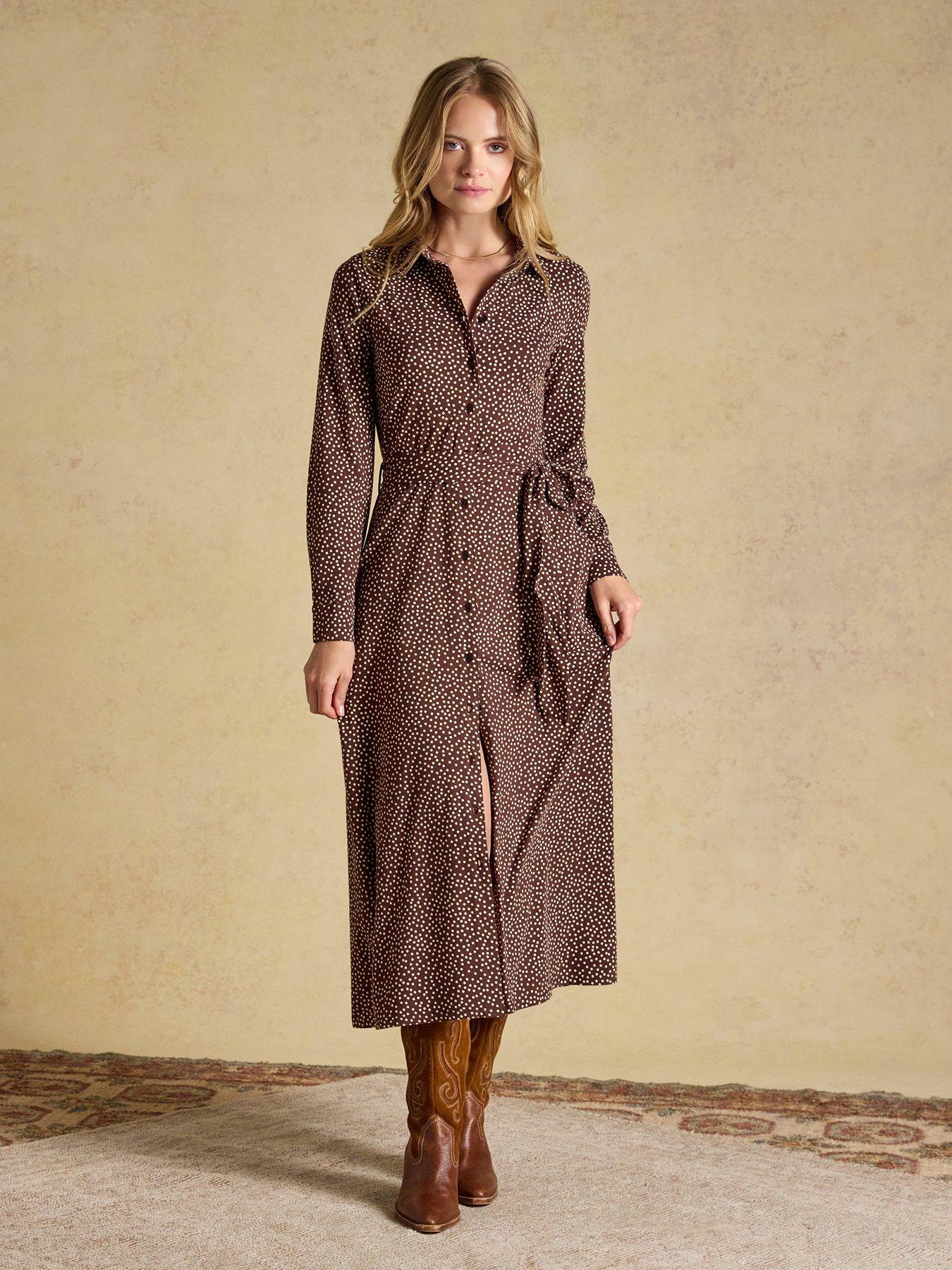 Image 1 of 6 of Joules Women's Theodora Belted Midi Shirt Dress with All-Over Print - Brown