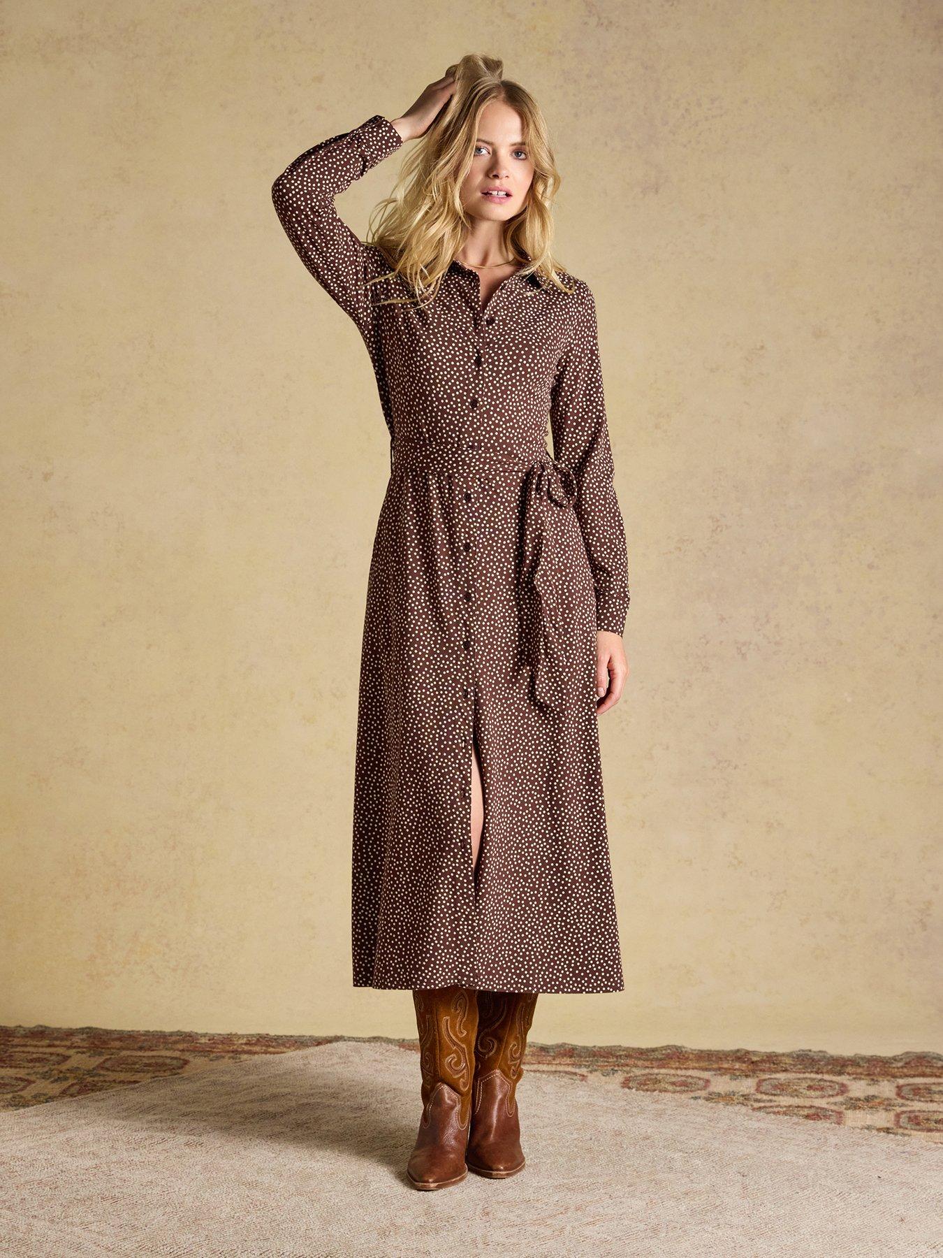 Image 3 of 6 of Joules Women's Theodora Belted Midi Shirt Dress with All-Over Print - Brown