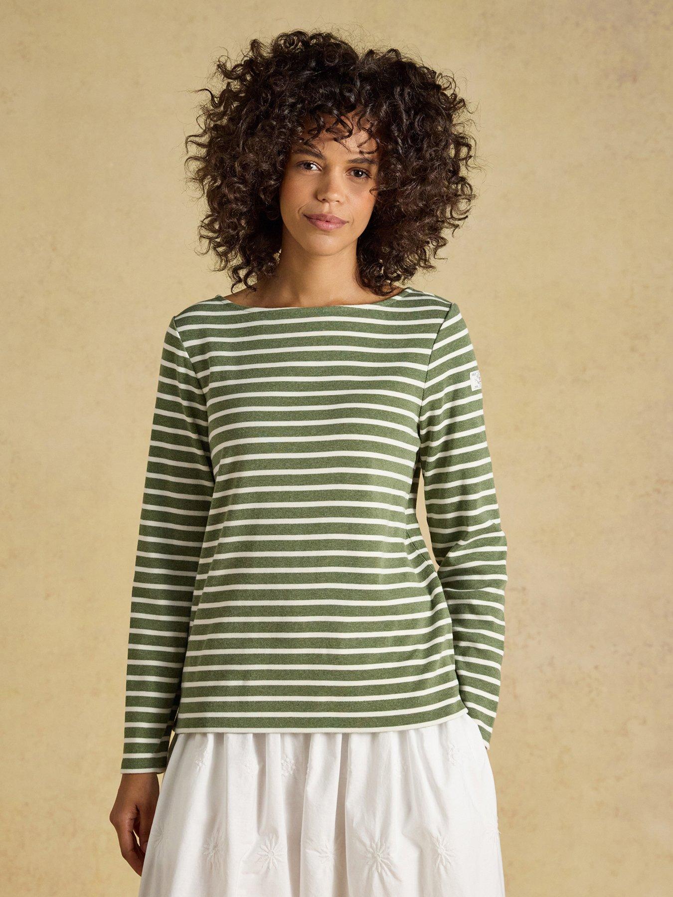 Joules Women's Long Sleeve Breton Boat Neck Cotton Jersey Top - Khaki Marl/Cream Stripe