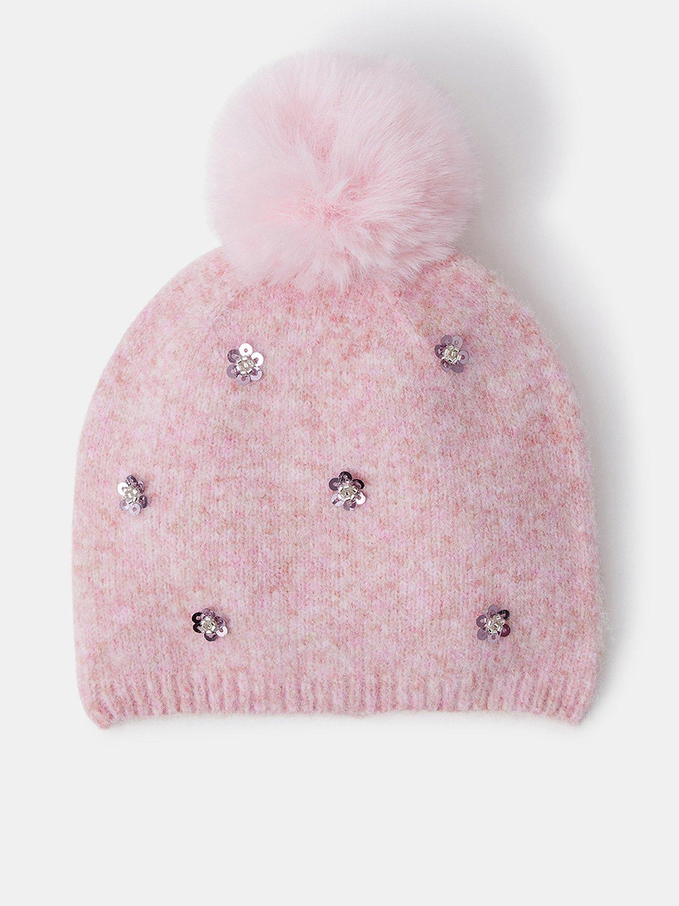 Image 1 of 3 of Accessorize Girls Sequin Floral Pom Beanie Hat - Pink