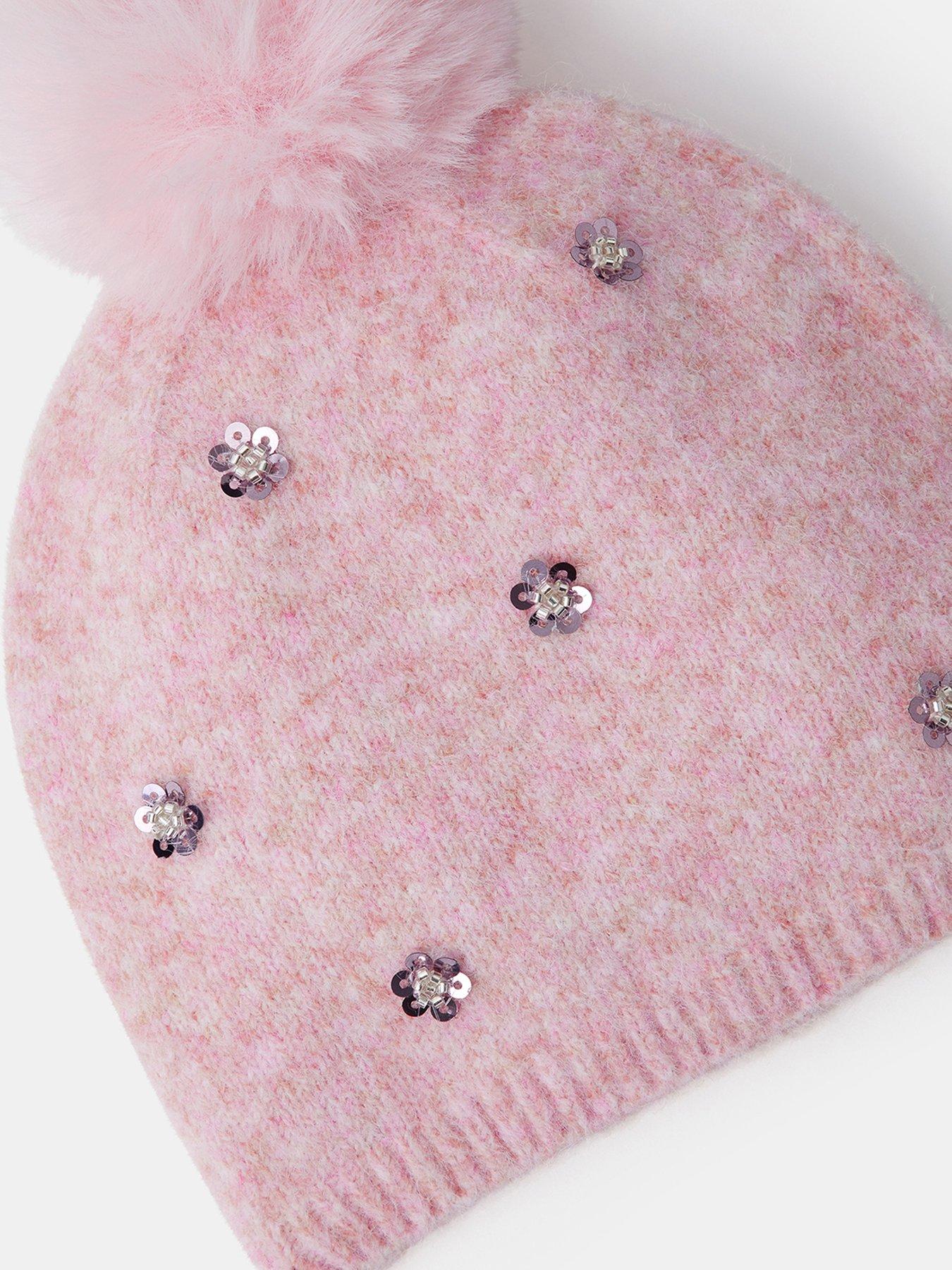Image 3 of 3 of Accessorize Girls Sequin Floral Pom Beanie Hat - Pink