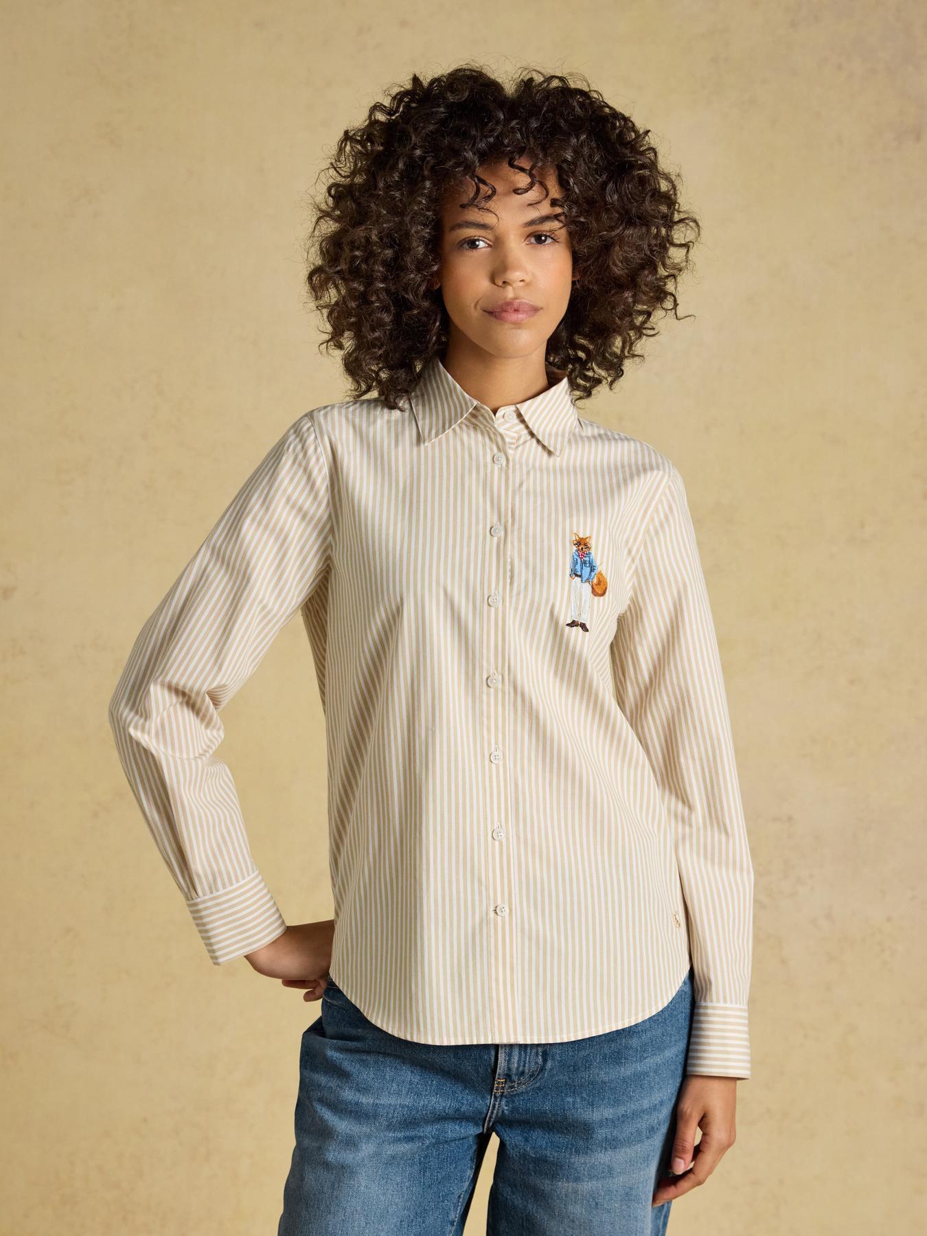 Joules Women's Stripe Embroidered Poplin Long Sleeve Shirt - Brown/White