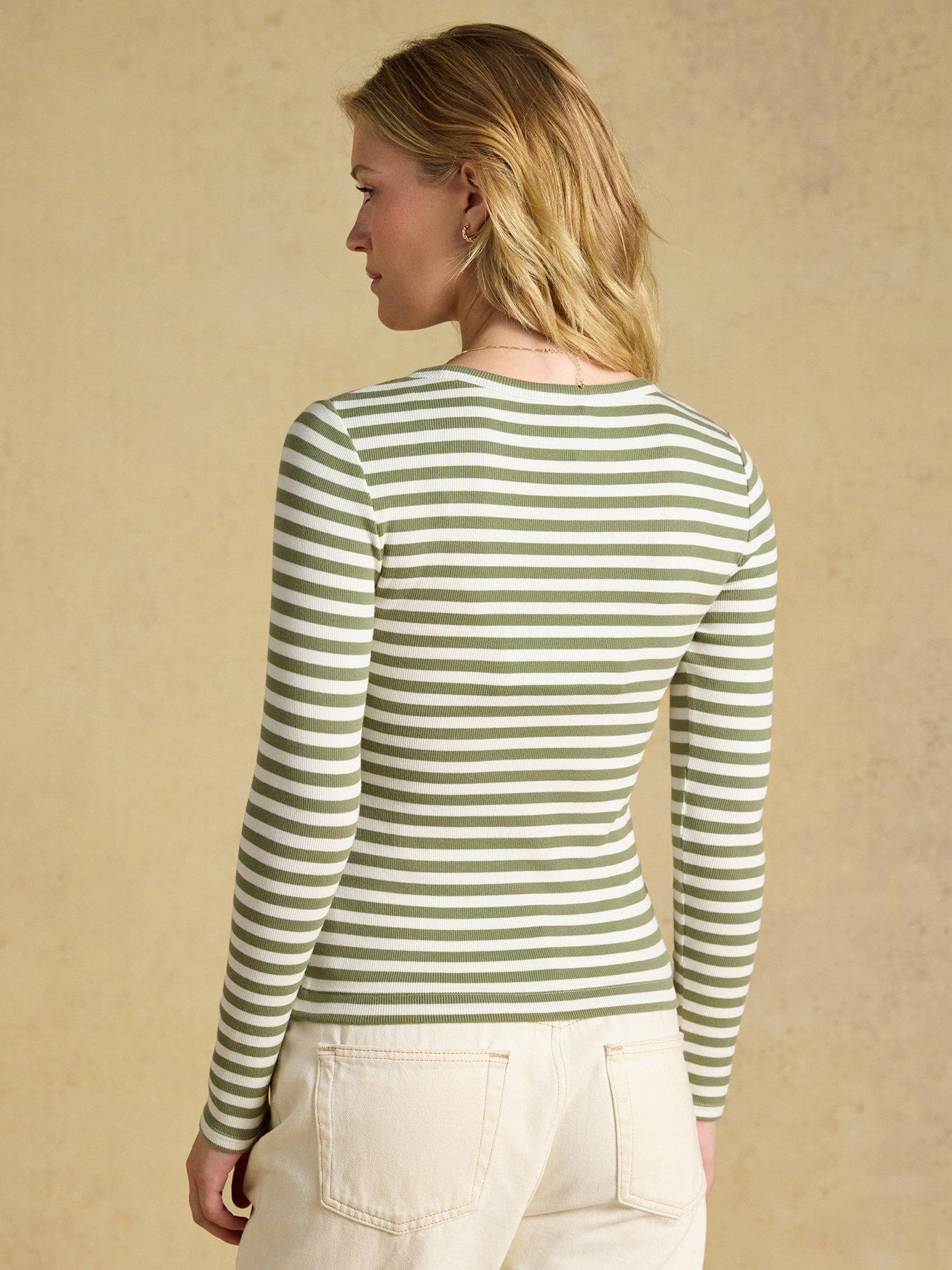 Image 2 of 6 of Joules Women's Sophie Striped Ribbed Cotton Blend Top - Khaki Green