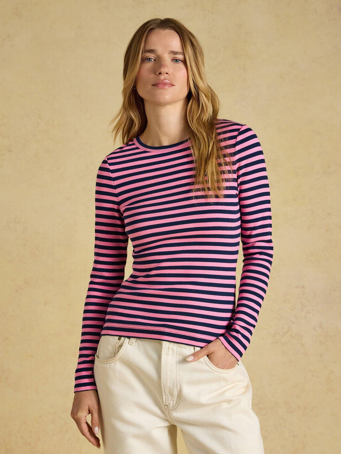 Image 1 of 6 of Joules Women's Sophie Striped Ribbed Cotton Blend Top with Crew Neck - Pink/Navy