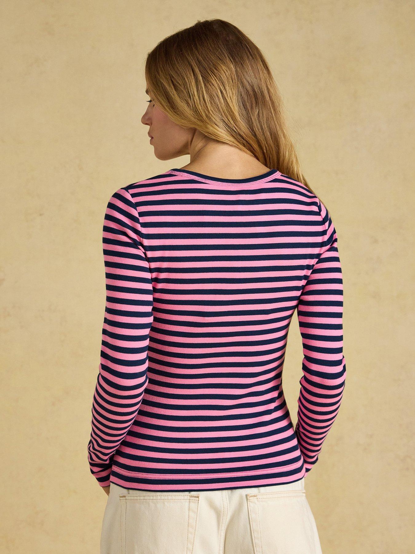 Image 2 of 6 of Joules Women's Sophie Striped Ribbed Cotton Blend Top with Crew Neck - Pink/Navy