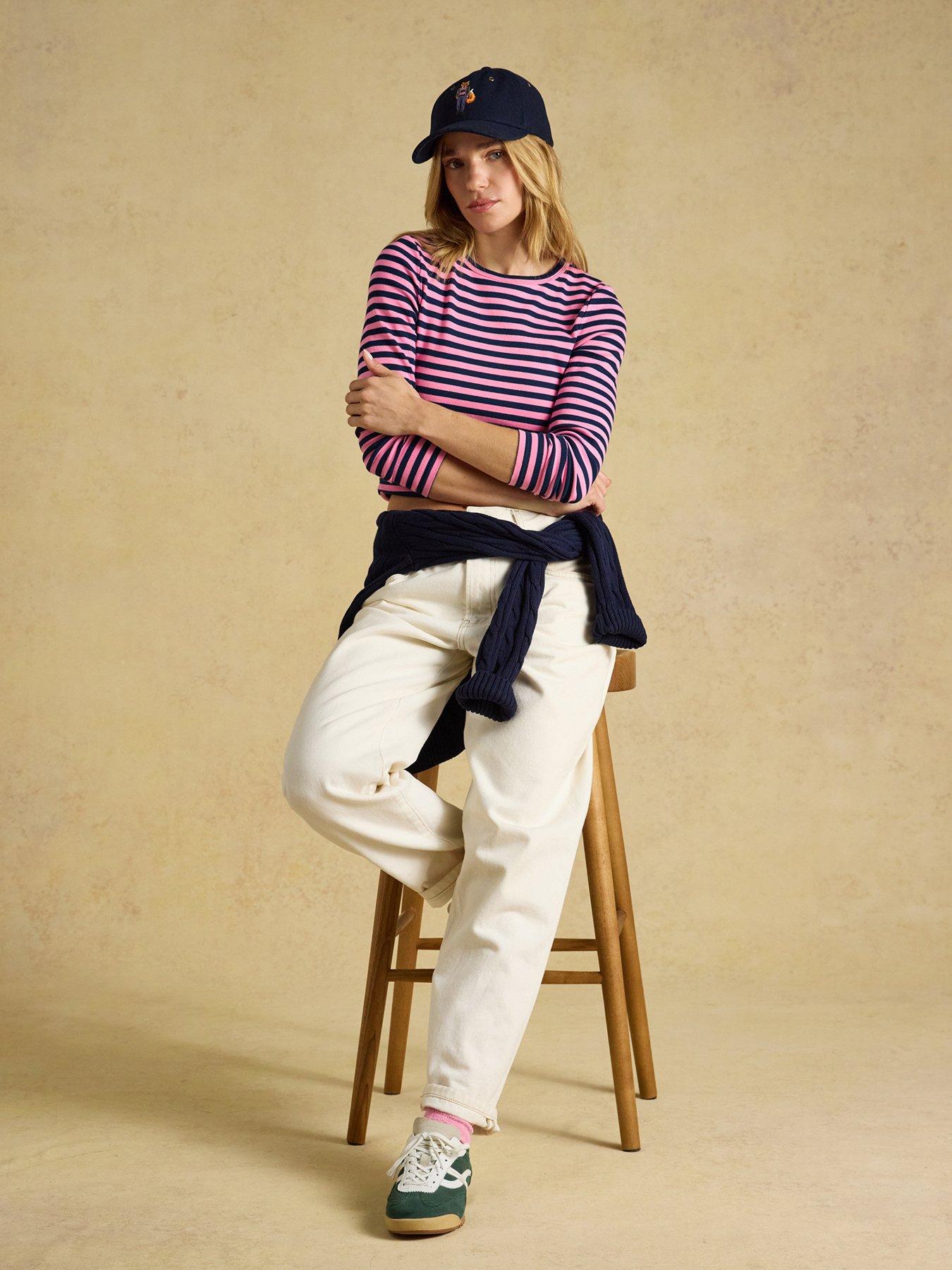 Image 3 of 6 of Joules Women's Sophie Striped Ribbed Cotton Blend Top with Crew Neck - Pink/Navy