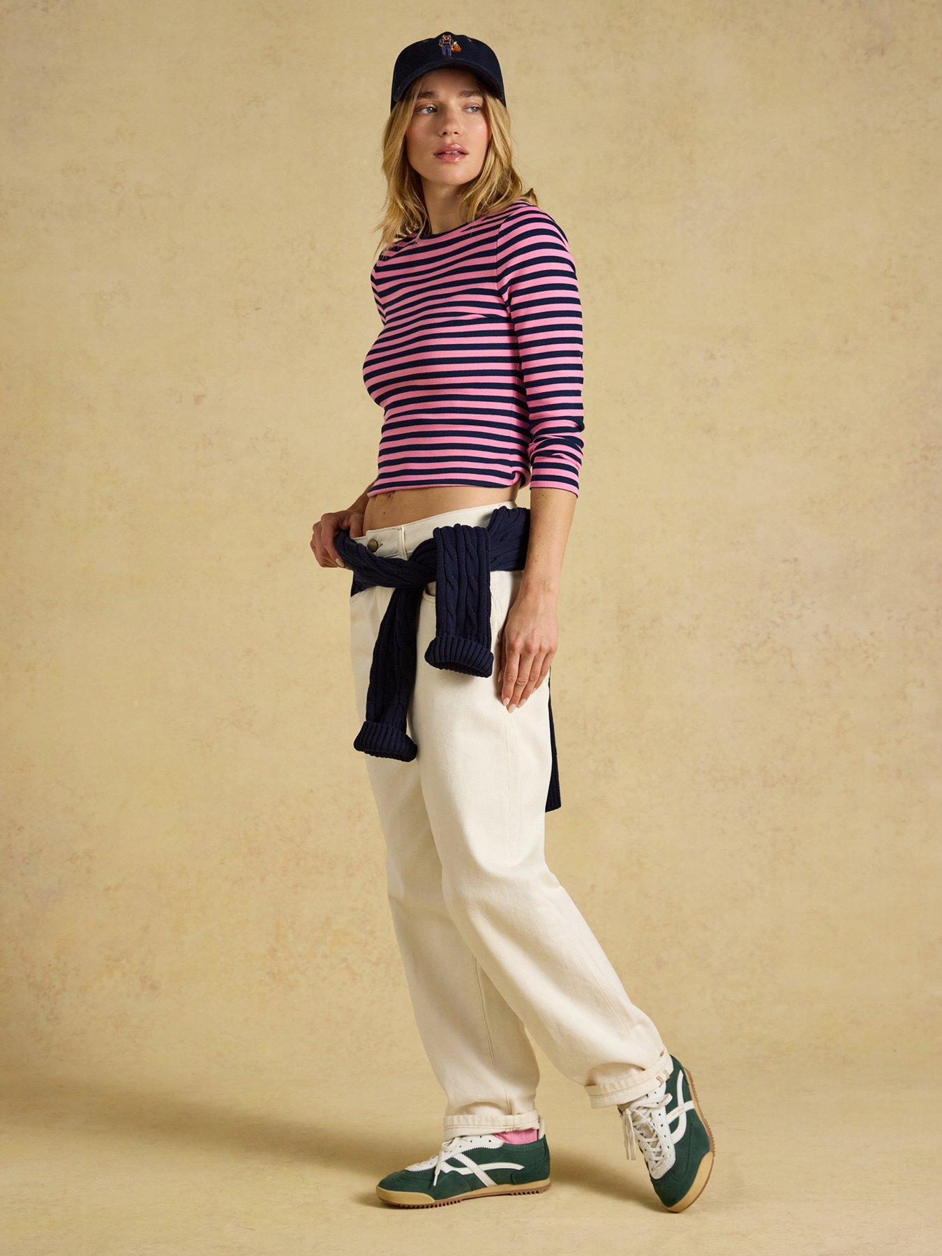 Image 4 of 6 of Joules Women's Sophie Striped Ribbed Cotton Blend Top with Crew Neck - Pink/Navy