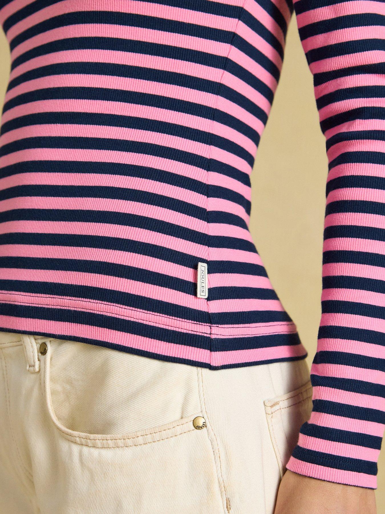 Image 5 of 6 of Joules Women's Sophie Striped Ribbed Cotton Blend Top with Crew Neck - Pink/Navy
