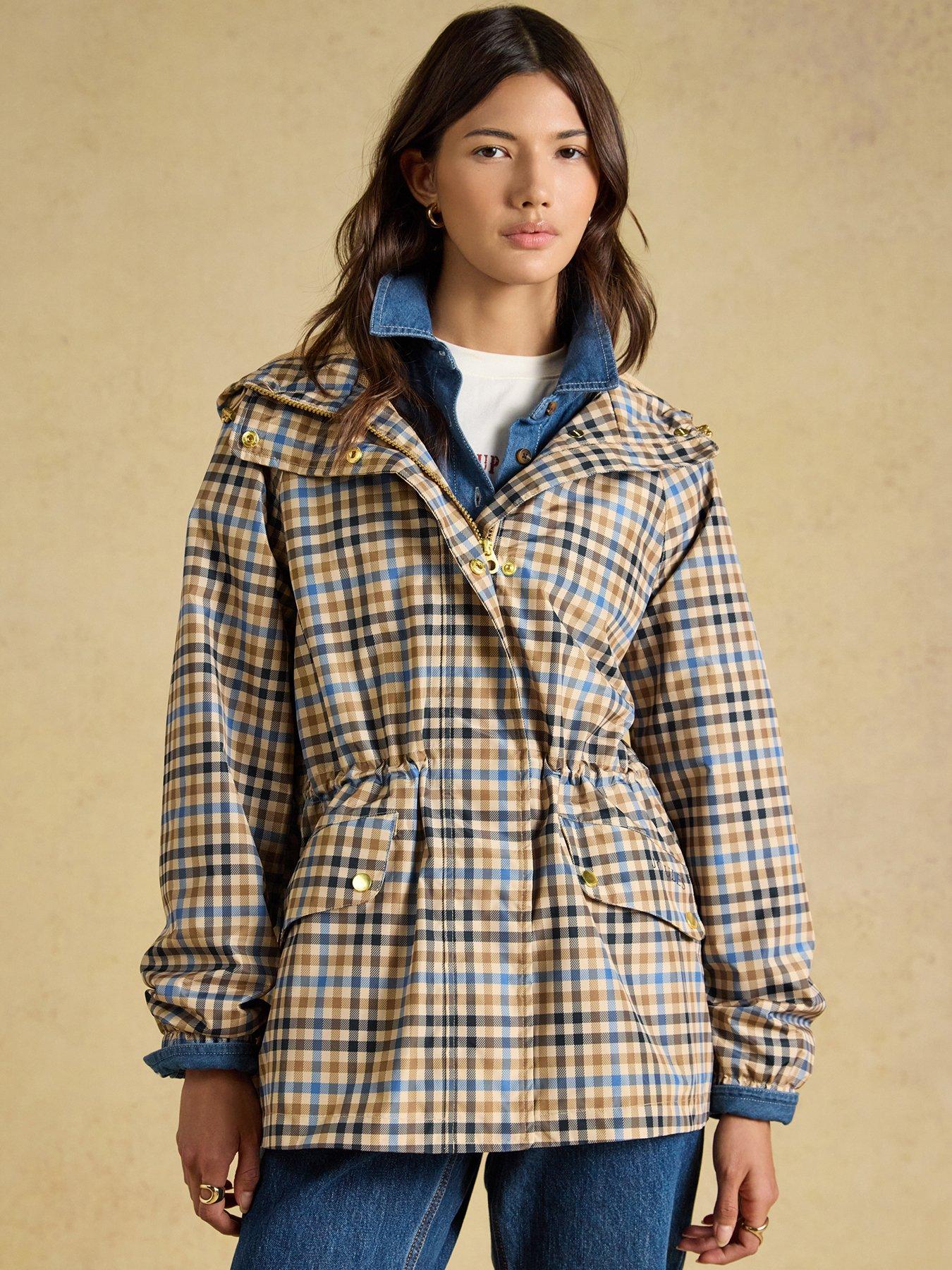 Joules Women's Everdry Waterproof Packable Raincoat With Hood - Tan Check