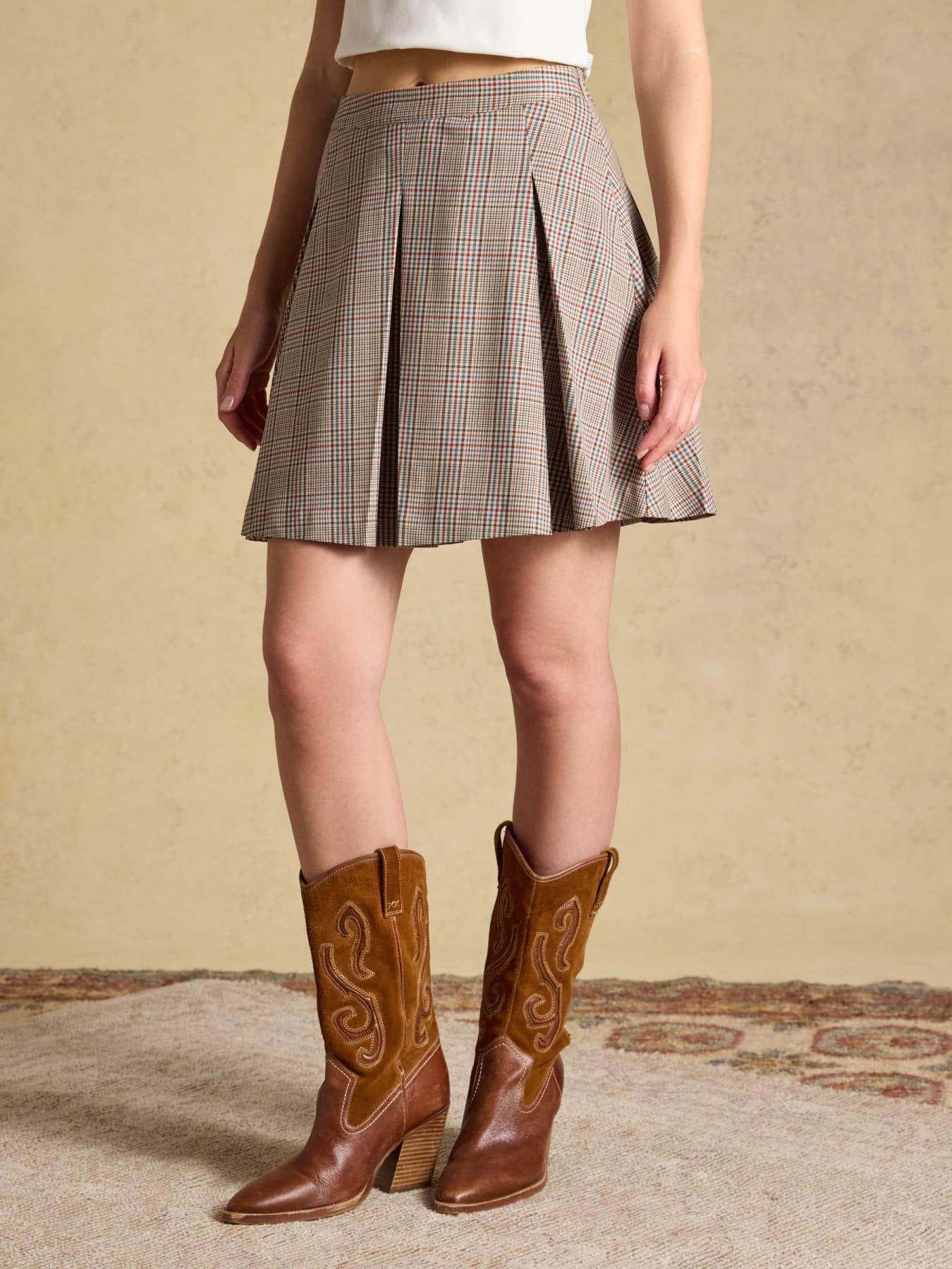 Image 1 of 6 of Joules Women's Pleated Tweed Check Mini Skirt - Brown