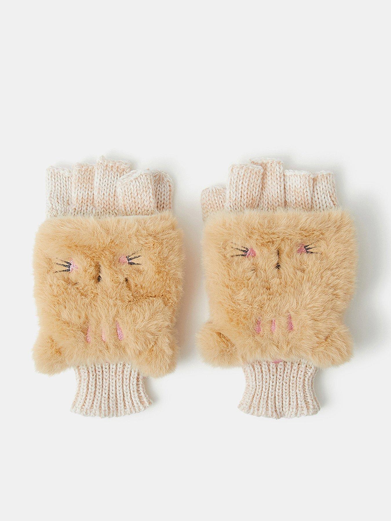 Image 1 of 2 of Accessorize Girls Fluffy Cat Fingerless Knit Gloves - Beige
