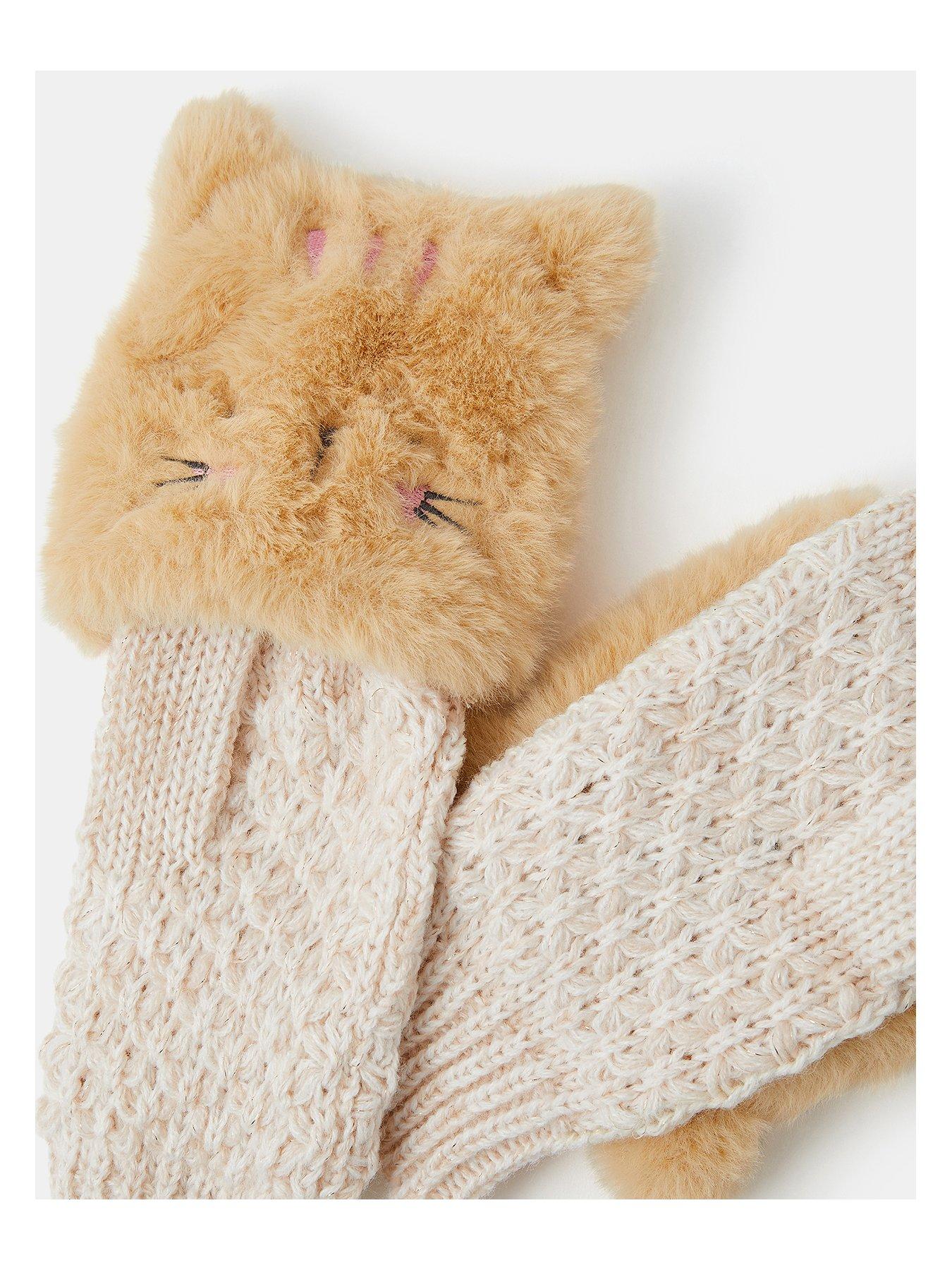 Image 2 of 2 of Accessorize Girls Fluffy Cat Fingerless Knit Gloves - Beige
