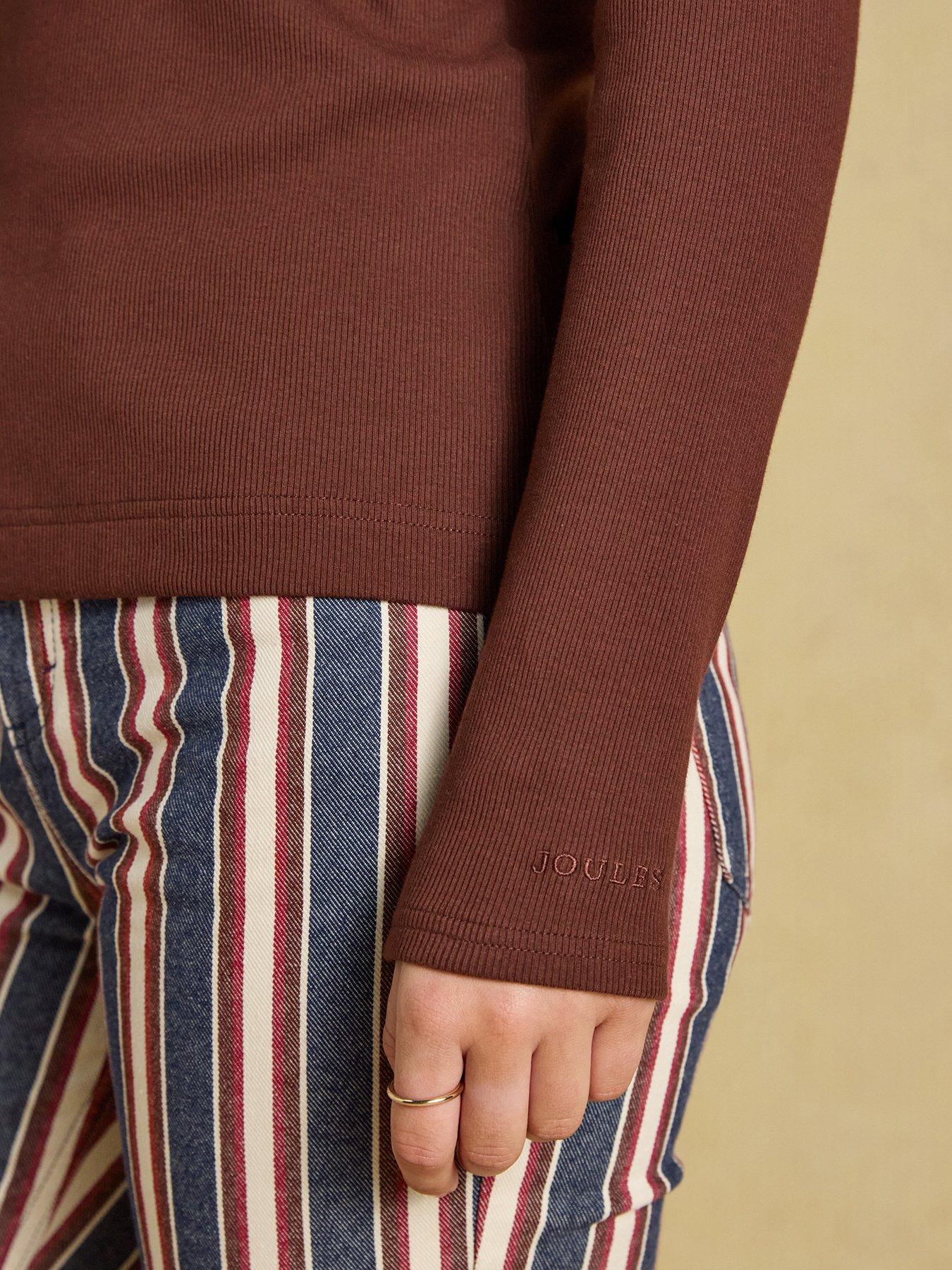 Image 5 of 7 of Joules Women's Ribbed Cotton Blend Polo Top with Button Placket - Choclate Brown