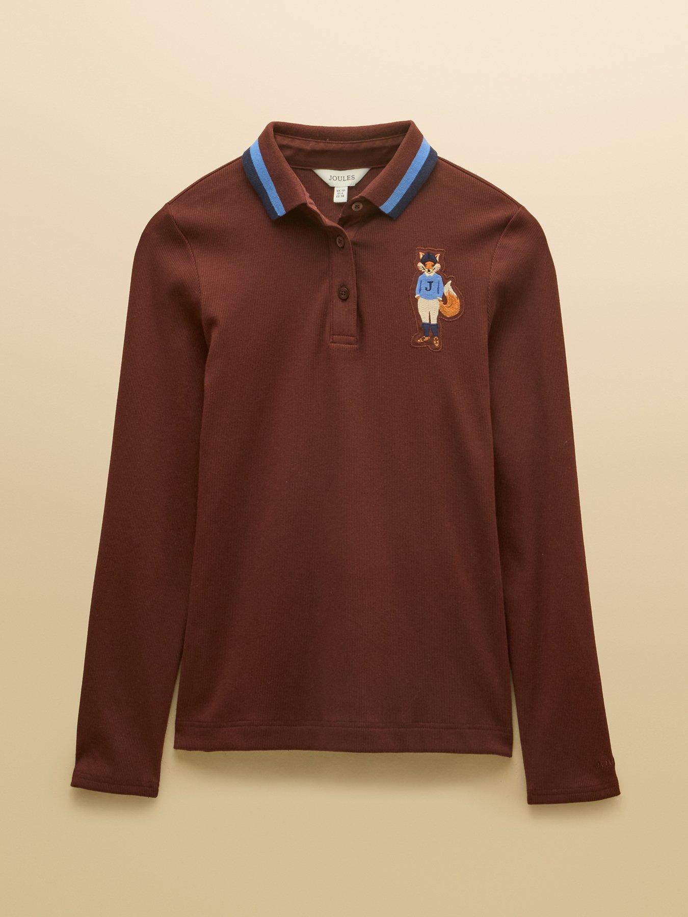 Image 6 of 7 of Joules Women's Ribbed Cotton Blend Polo Top with Button Placket - Choclate Brown