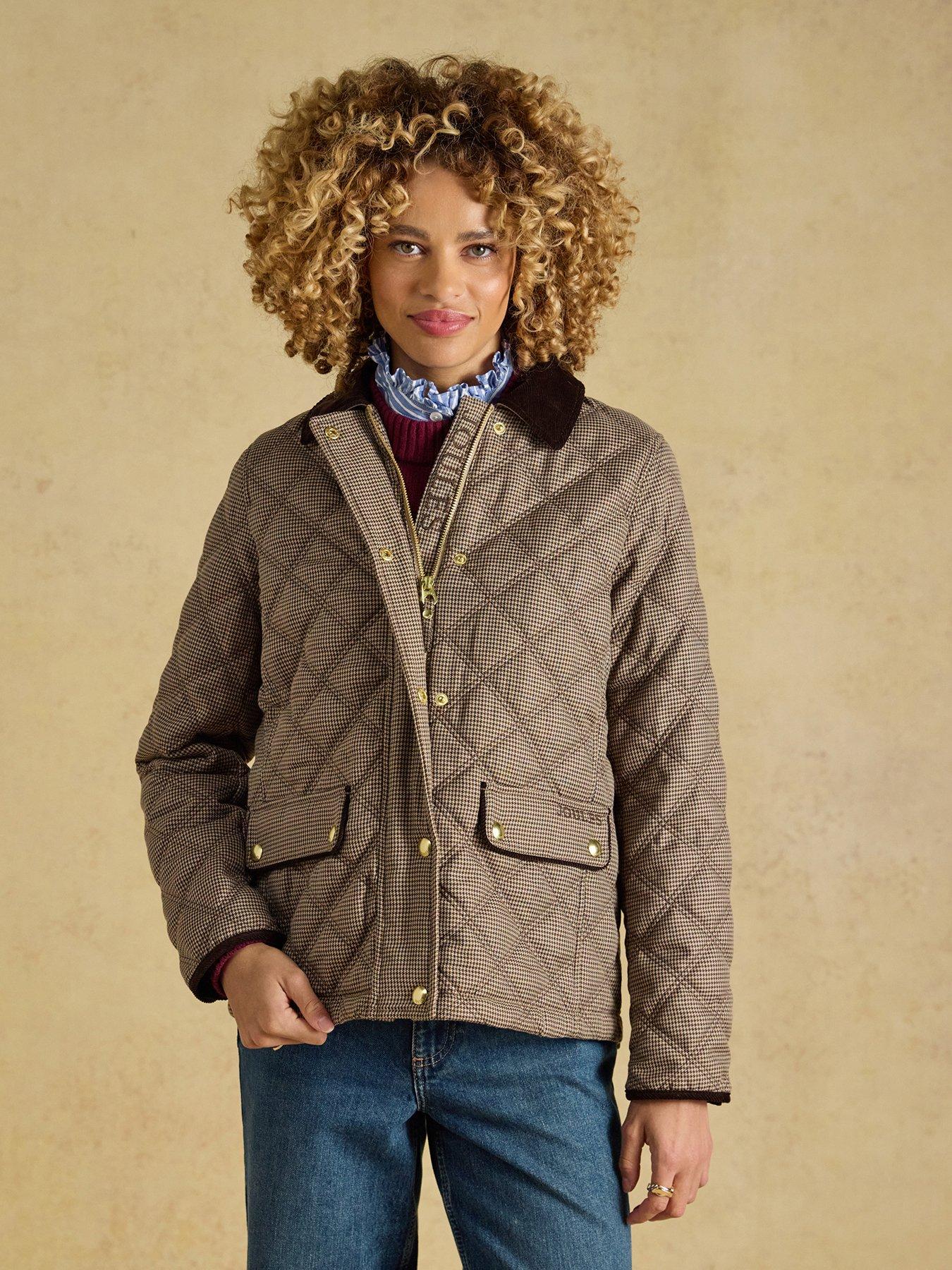 Image 1 of 7 of Joules Women's Harrogate Diamond Quilted Jacket with Cord Trim - Brown