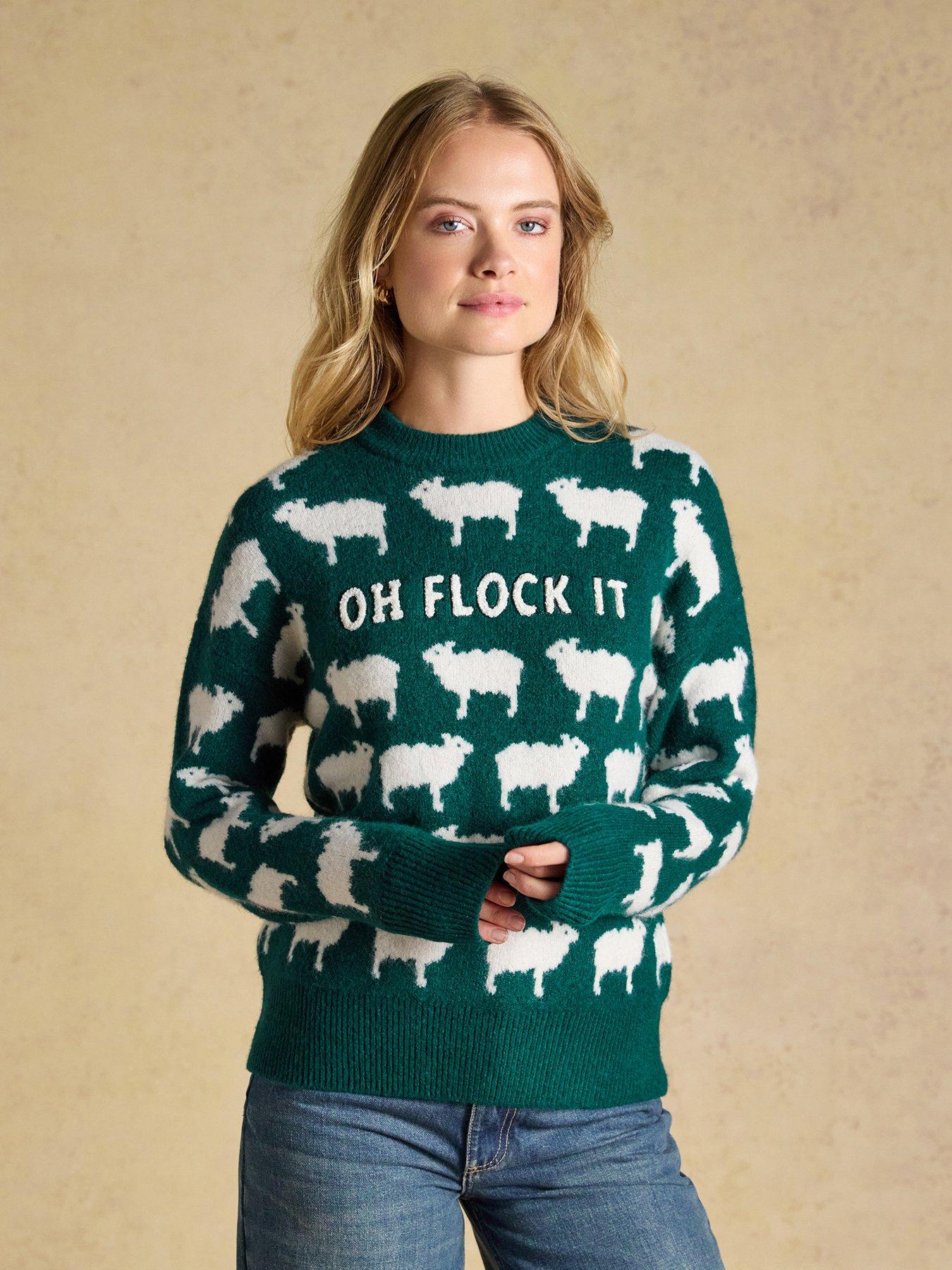 Image 1 of 7 of Joules Women's Novelty Sheep Slogan Knitted Jumper - Green