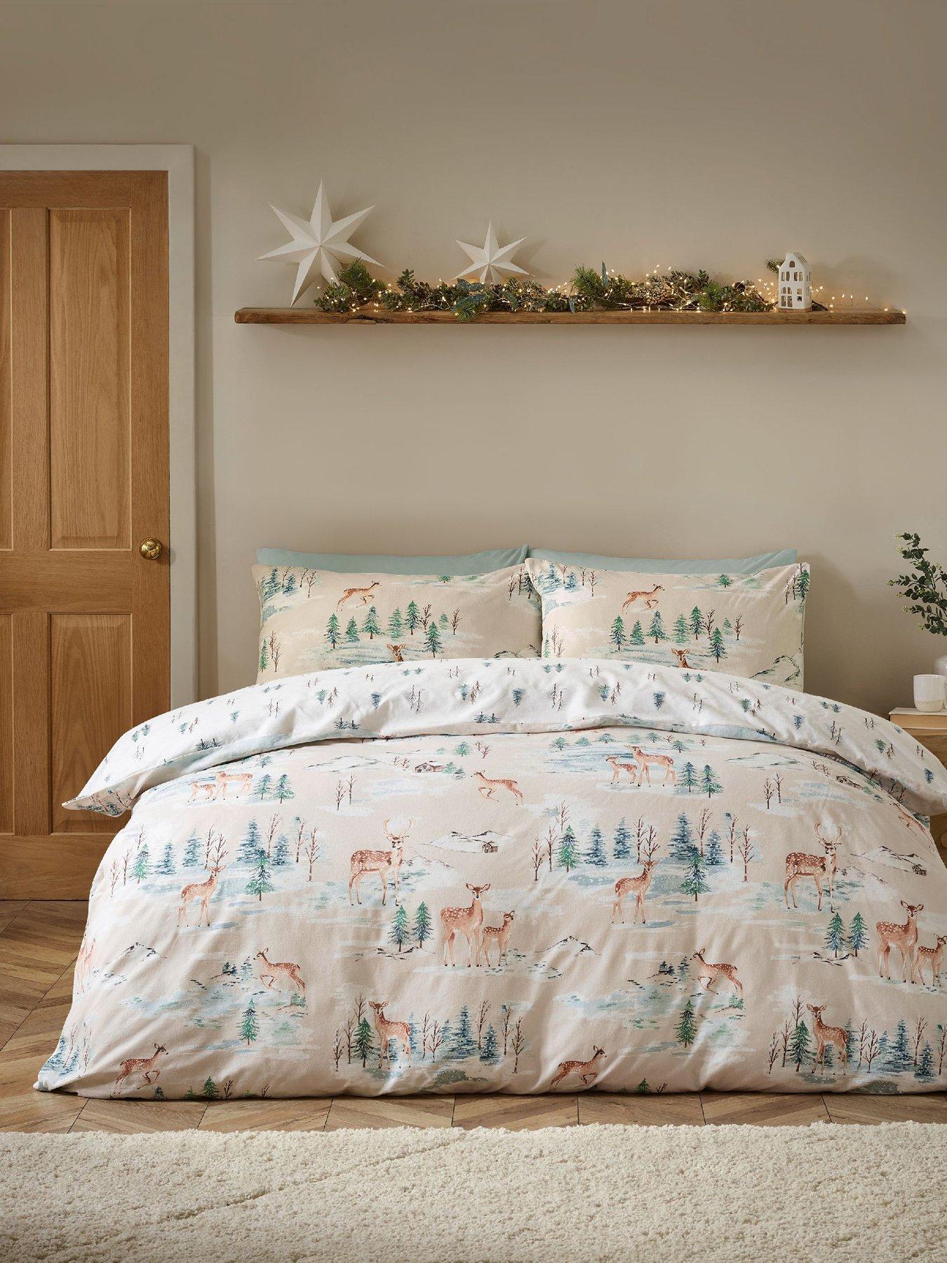 Catherine Lansfield Brushed 100% Cotton Christmas Deer Duvet Cover Set in Natural
