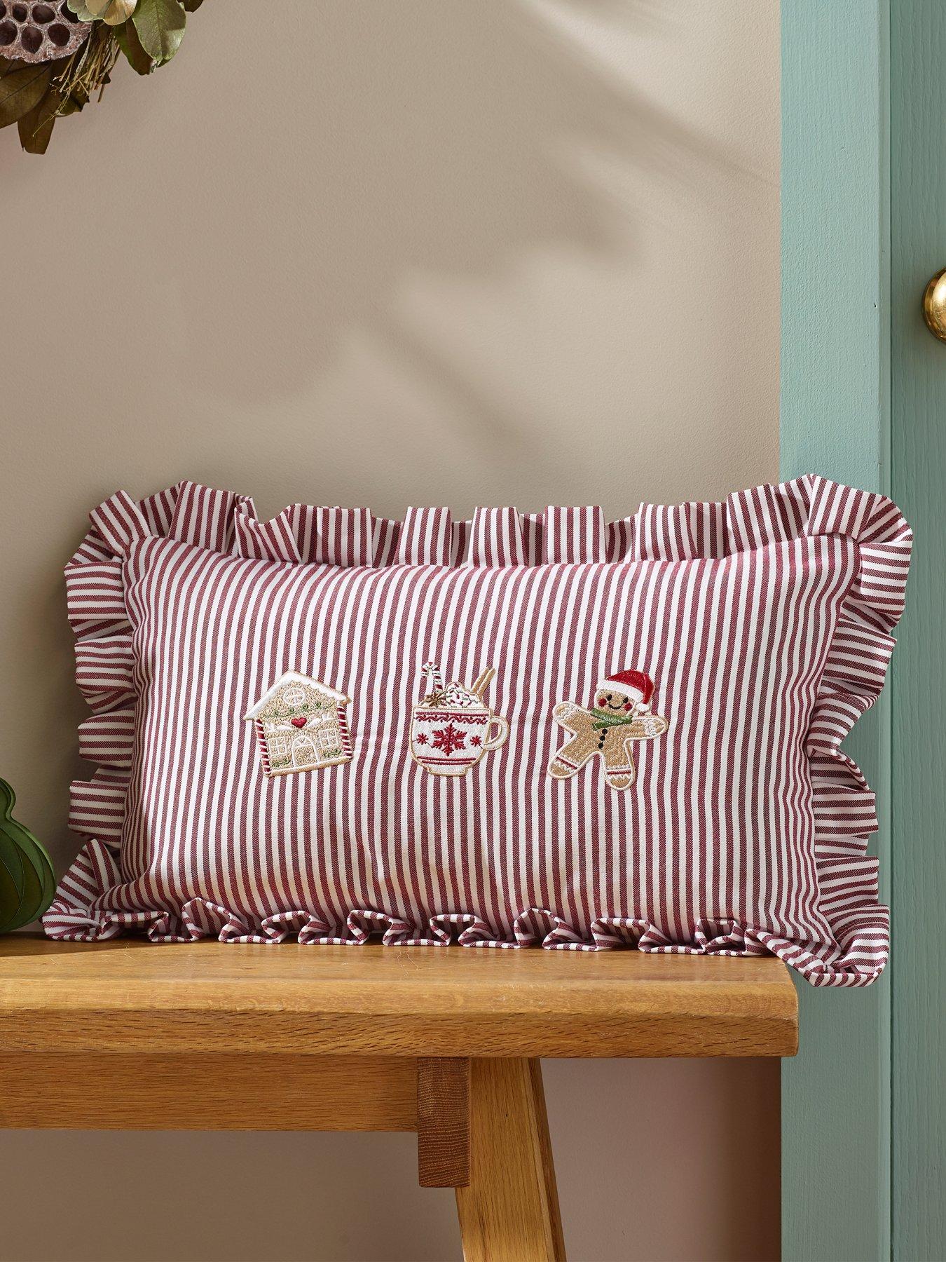 Catherine Lansfield Christmas Gingerbread Stripe Frill Filled Cushion