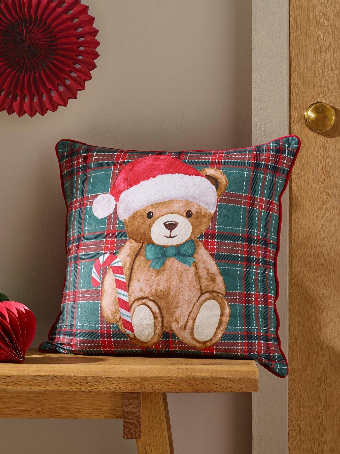 Catherine Lansfield Christmas Tartan Teddy Bear Filled Cushion