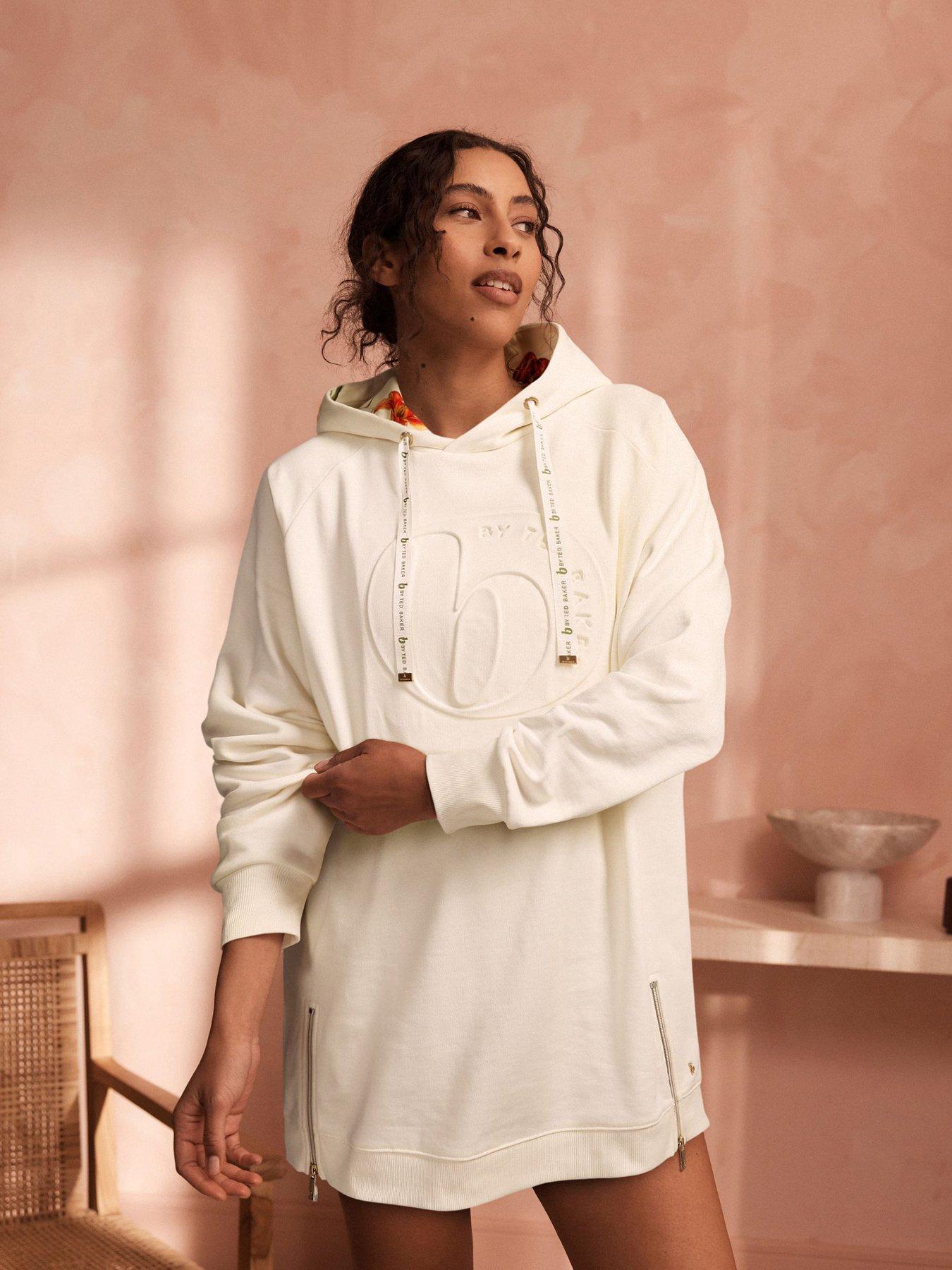 Image 1 of 5 of B By Ted Baker Embossed Logo Hooded Lounge Sweatshirt Dress - Cream