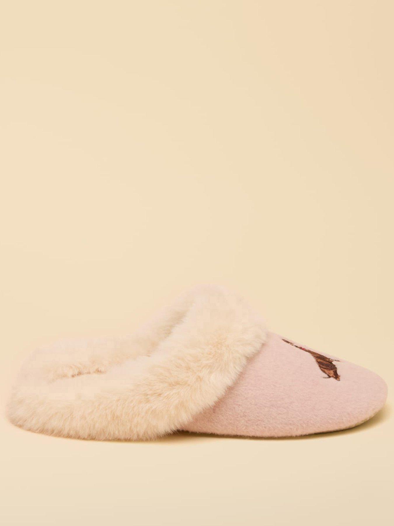 Image 1 of 6 of Joules Womens Faux-Fur Trim Dog Embroidery Mule Slippers - Pink