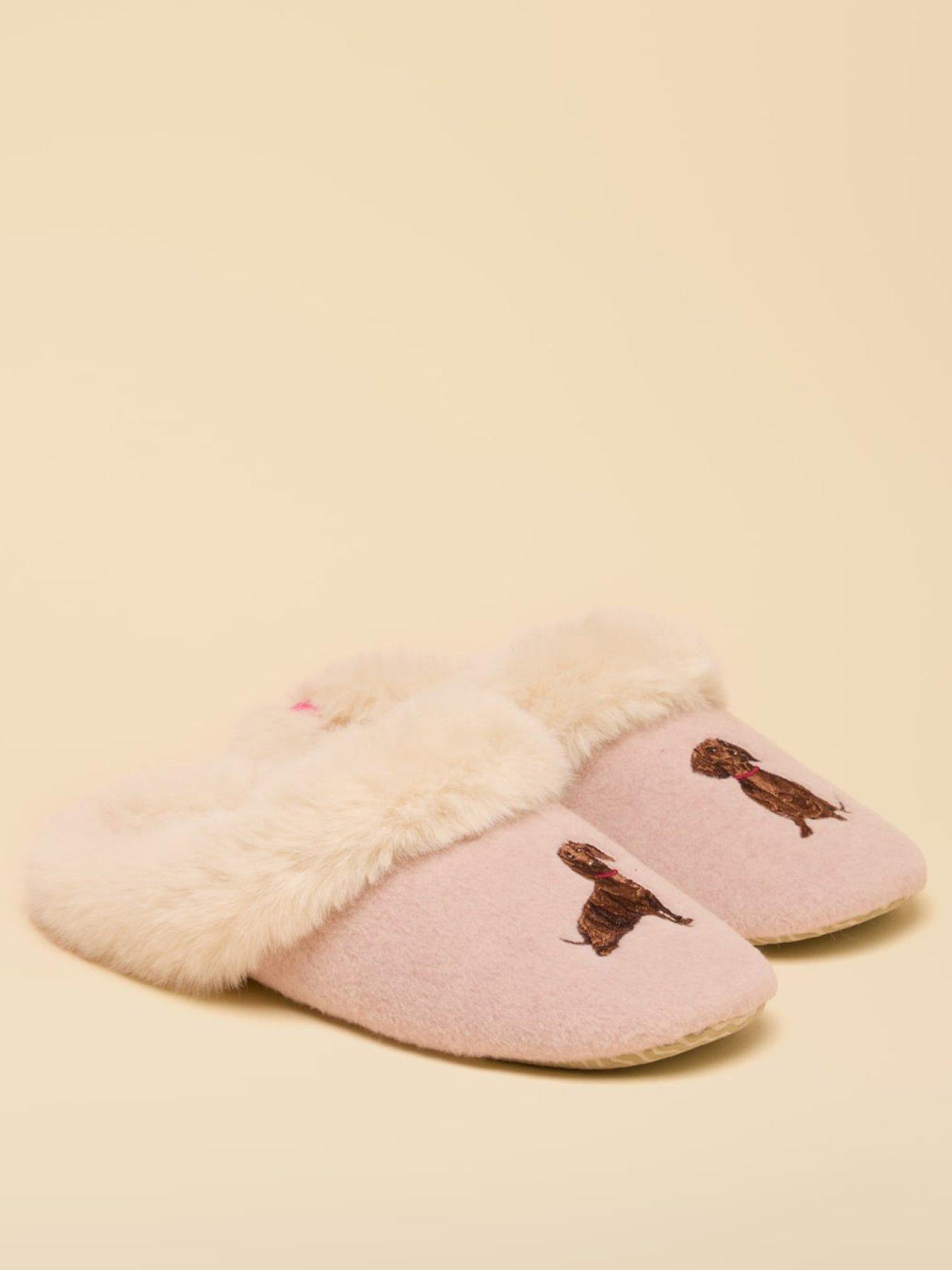 Image 2 of 6 of Joules Womens Faux-Fur Trim Dog Embroidery Mule Slippers - Pink