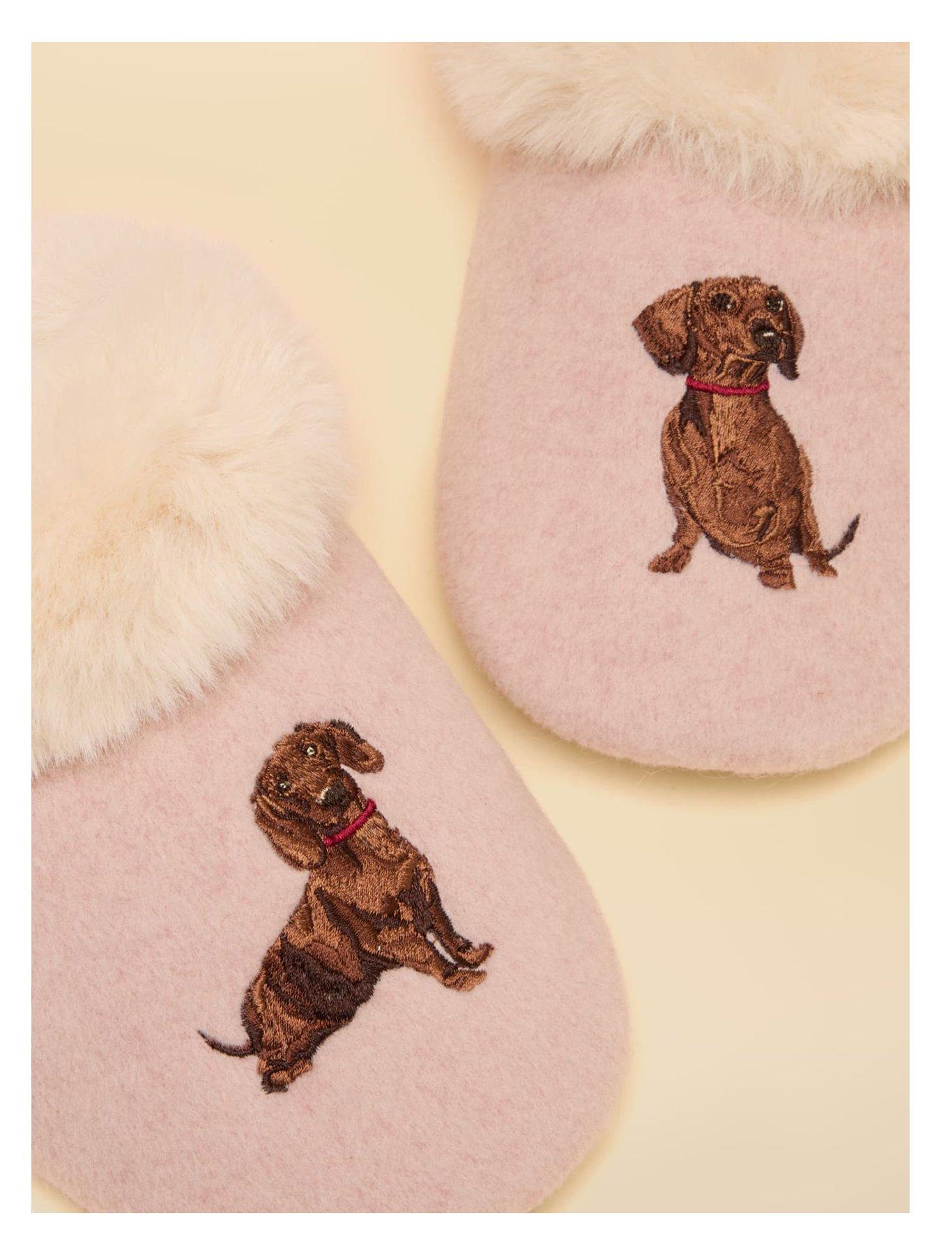 Image 4 of 6 of Joules Womens Faux-Fur Trim Dog Embroidery Mule Slippers - Pink