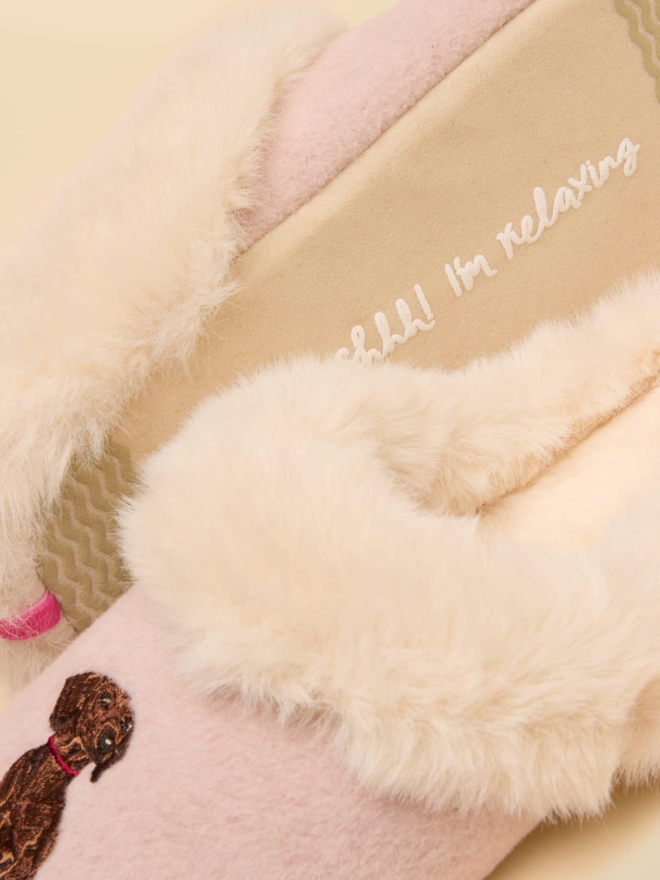 Image 5 of 6 of Joules Womens Faux-Fur Trim Dog Embroidery Mule Slippers - Pink