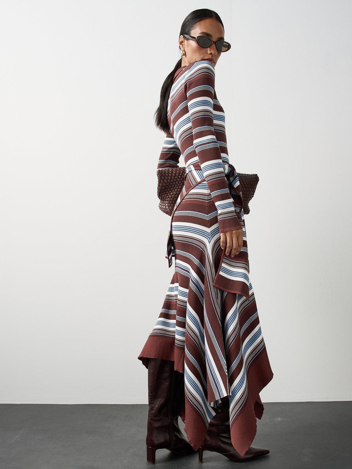 Image 2 of 7 of Michelle Keegan Knitted Stripe Hanky Hem Scarf Dress - Multi