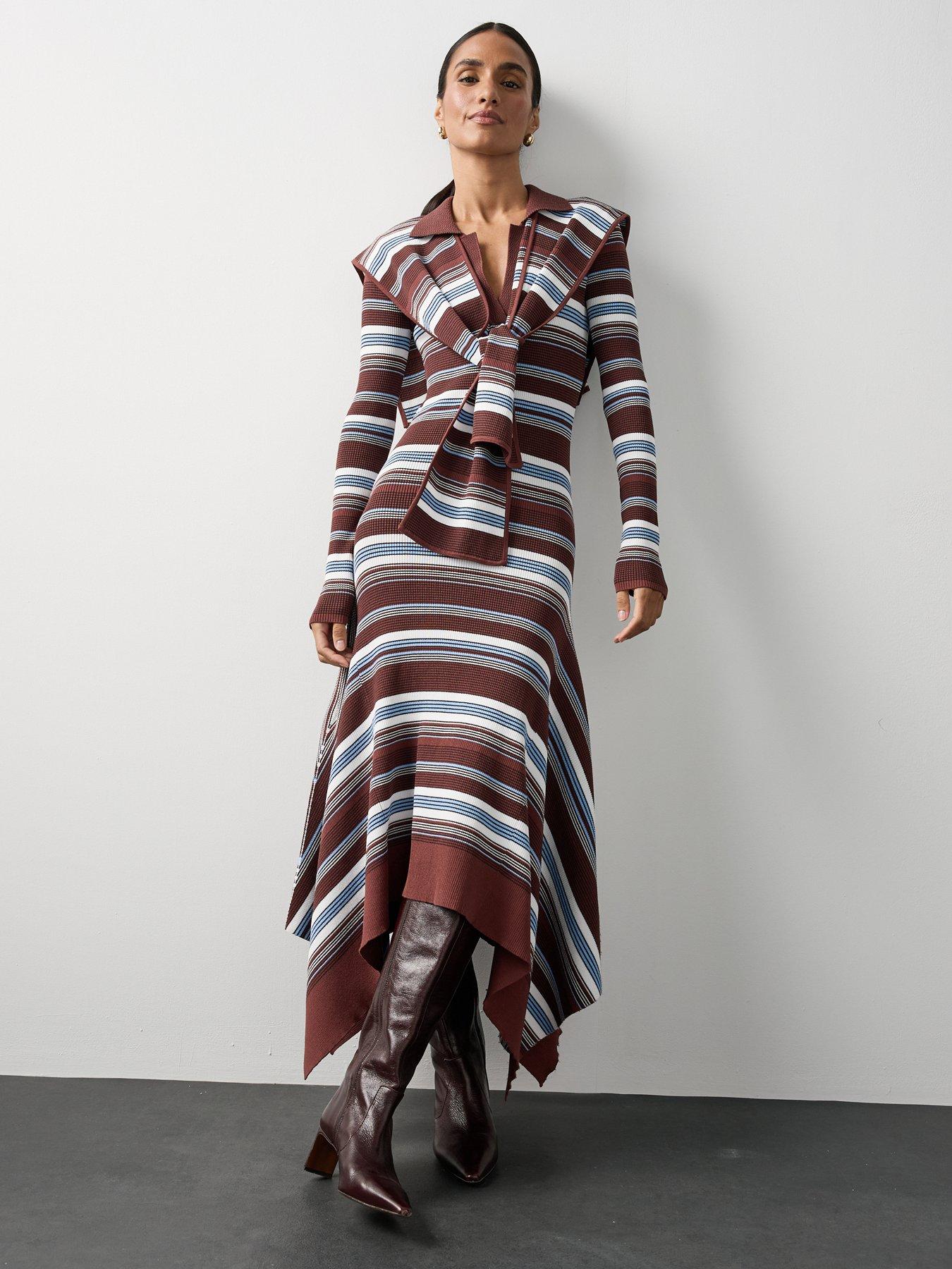 Image 3 of 7 of Michelle Keegan Knitted Stripe Hanky Hem Scarf Dress - Multi