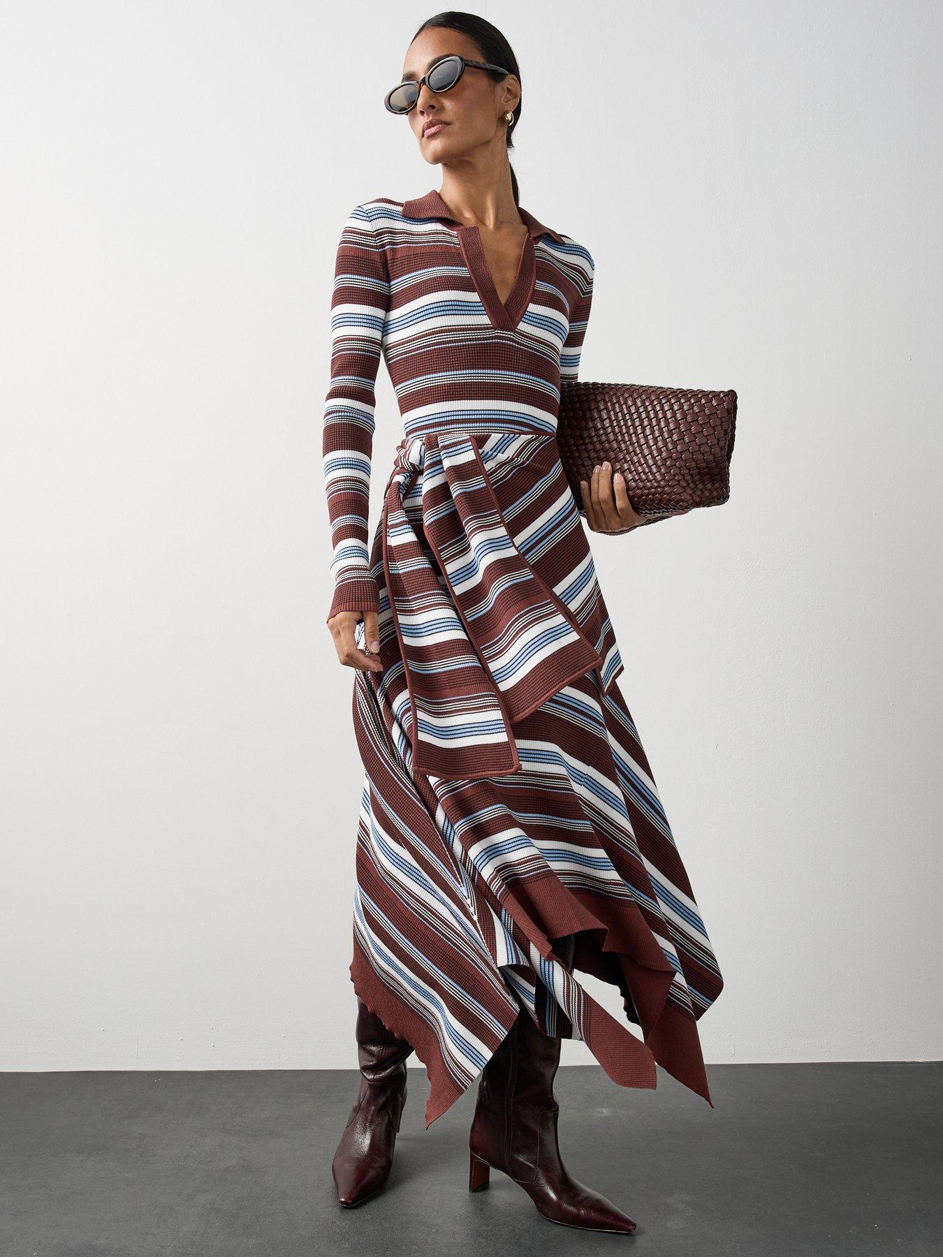 Image 4 of 7 of Michelle Keegan Knitted Stripe Hanky Hem Scarf Dress - Multi