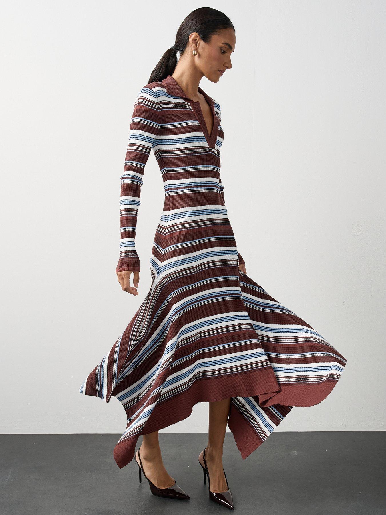 Image 5 of 7 of Michelle Keegan Knitted Stripe Hanky Hem Scarf Dress - Multi
