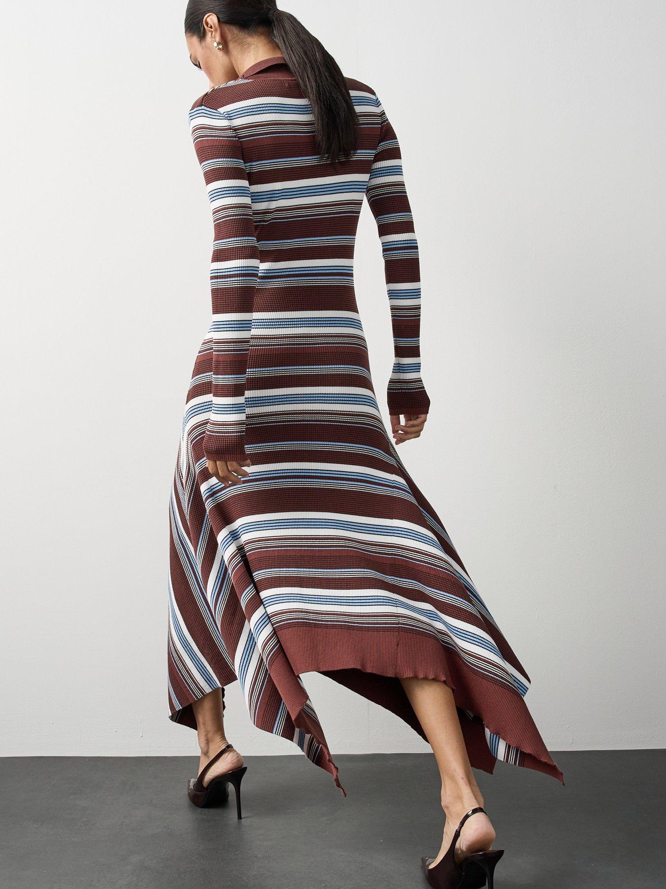 Image 6 of 7 of Michelle Keegan Knitted Stripe Hanky Hem Scarf Dress - Multi