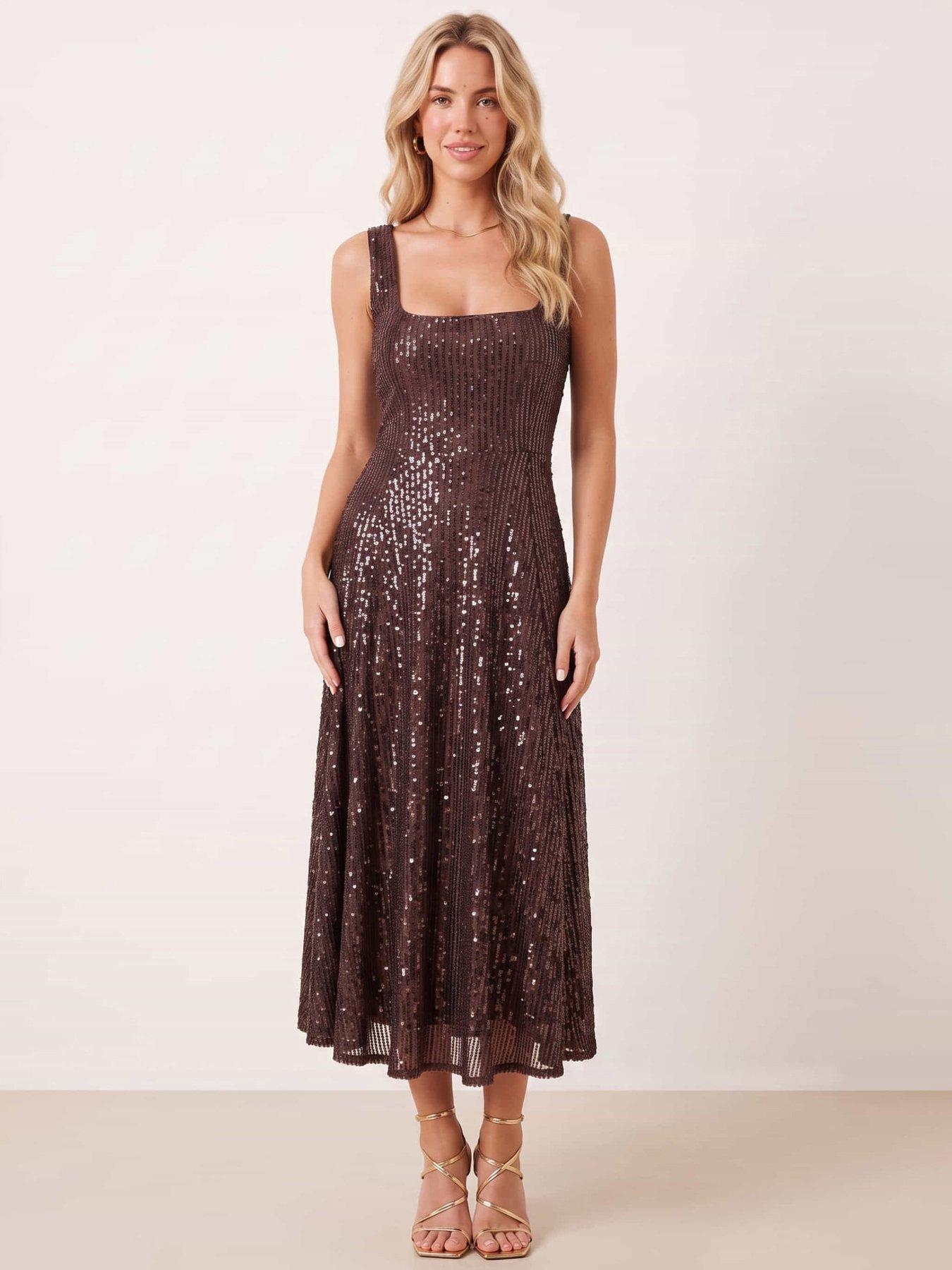 Image 1 of 4 of Style Cheat Womens Fit and Flare Sequin Midi Dress - Brown