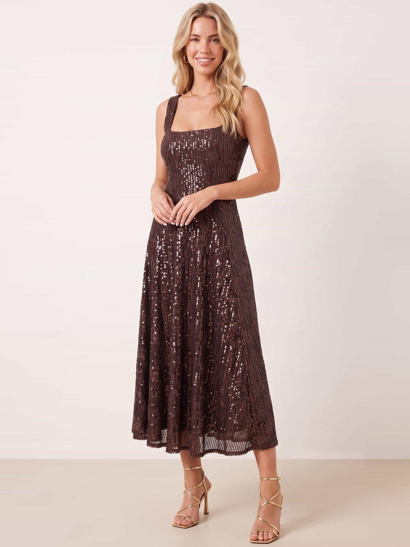 Image 2 of 4 of Style Cheat Womens Fit and Flare Sequin Midi Dress - Brown