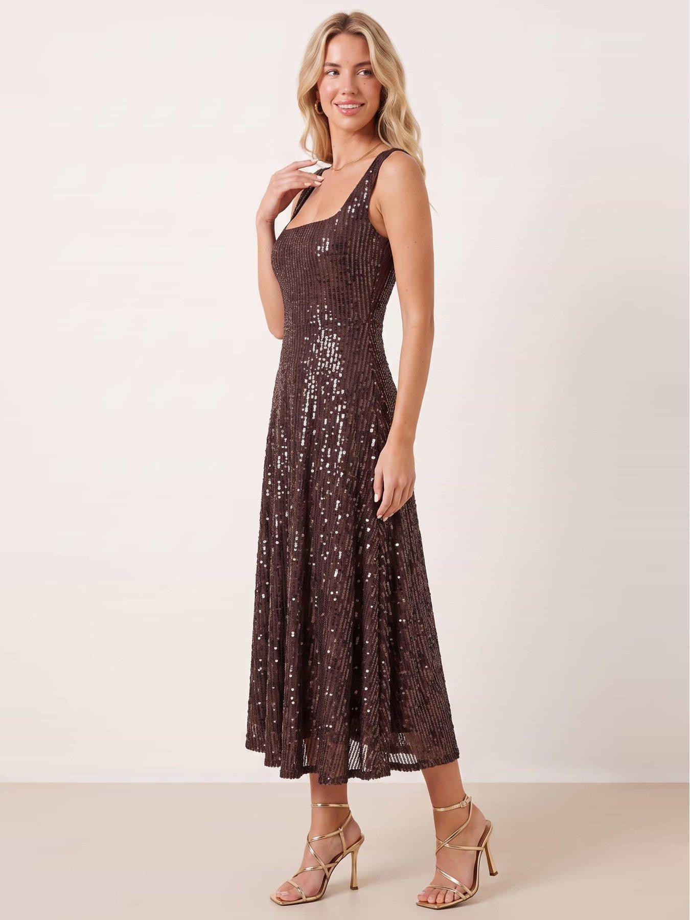 Image 3 of 4 of Style Cheat Womens Fit and Flare Sequin Midi Dress - Brown
