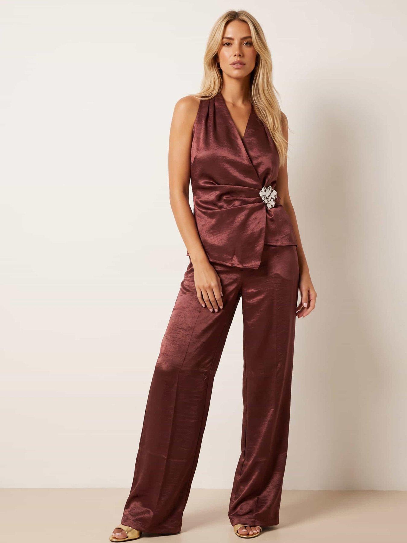 Image 3 of 5 of Style Cheat Womens Trim Wrap Halterneck Satin Blouse - Red