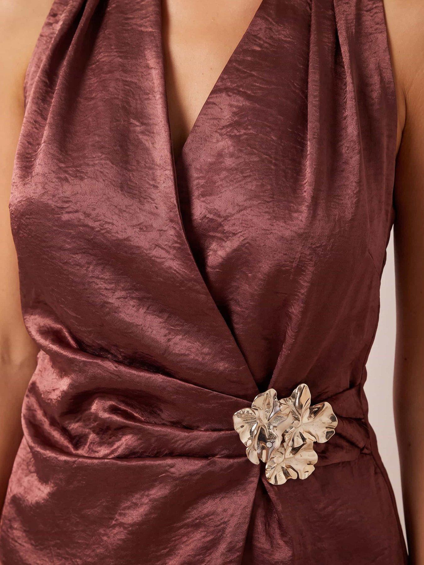 Image 5 of 5 of Style Cheat Womens Trim Wrap Halterneck Satin Blouse - Red