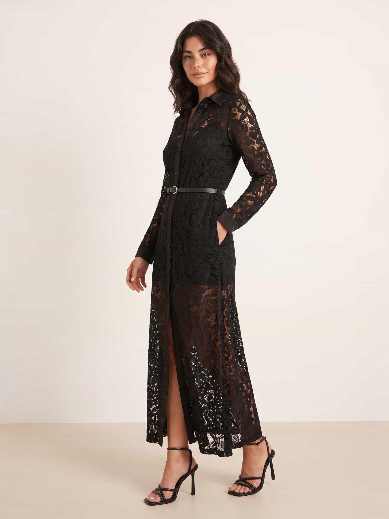 Image 3 of 4 of Style Cheat Womens Lace Belted Midi Shirt Dress - Black