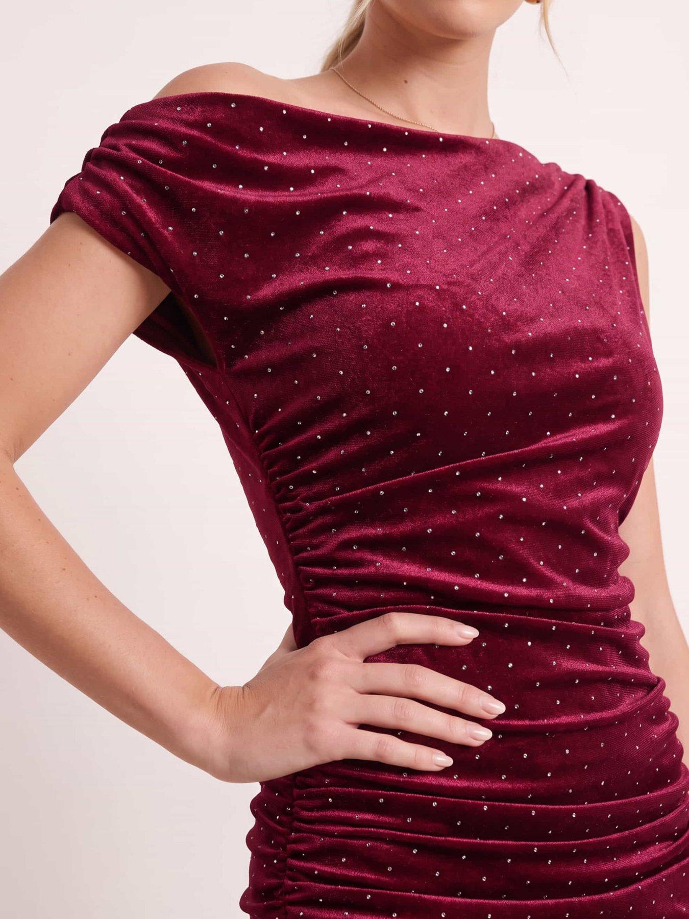 Image 3 of 4 of Style Cheat Womens Asymmetric Hotfix Ruched Midi Dress - Purple