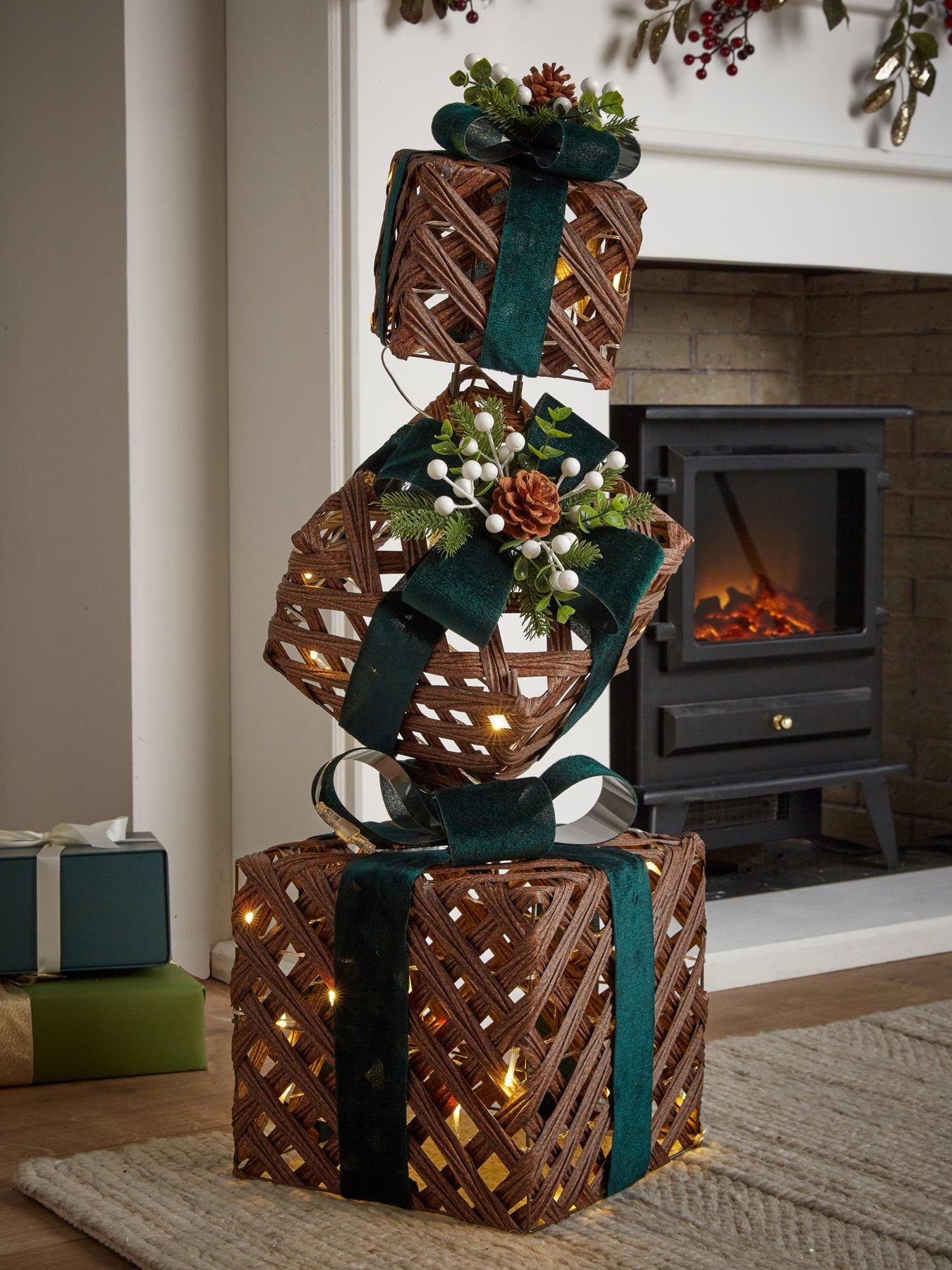 Festive Lit Light Faux Rattan Present Stack With Green Ribbon - 45 Warm White Led - Lead Length 30cm - Indoor Only - 76cm Battery Operated